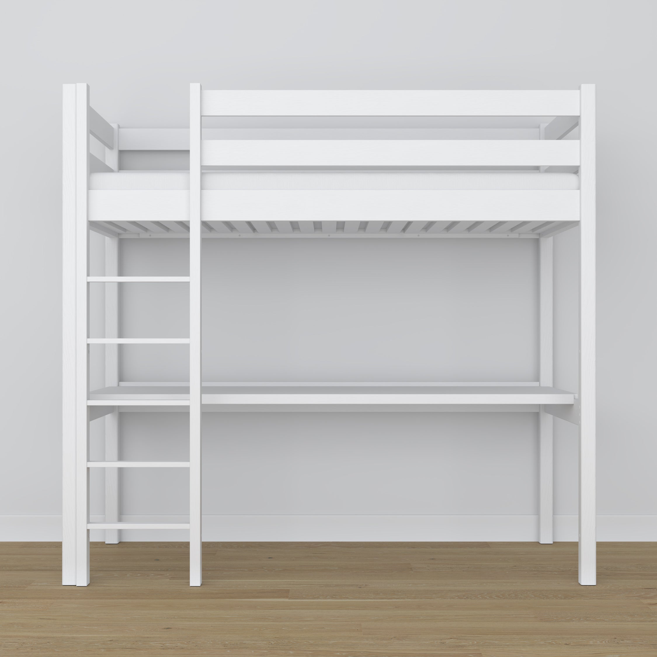 Letto a soppalco in legno bianco con scrivania – struttura e doghe, Nizio