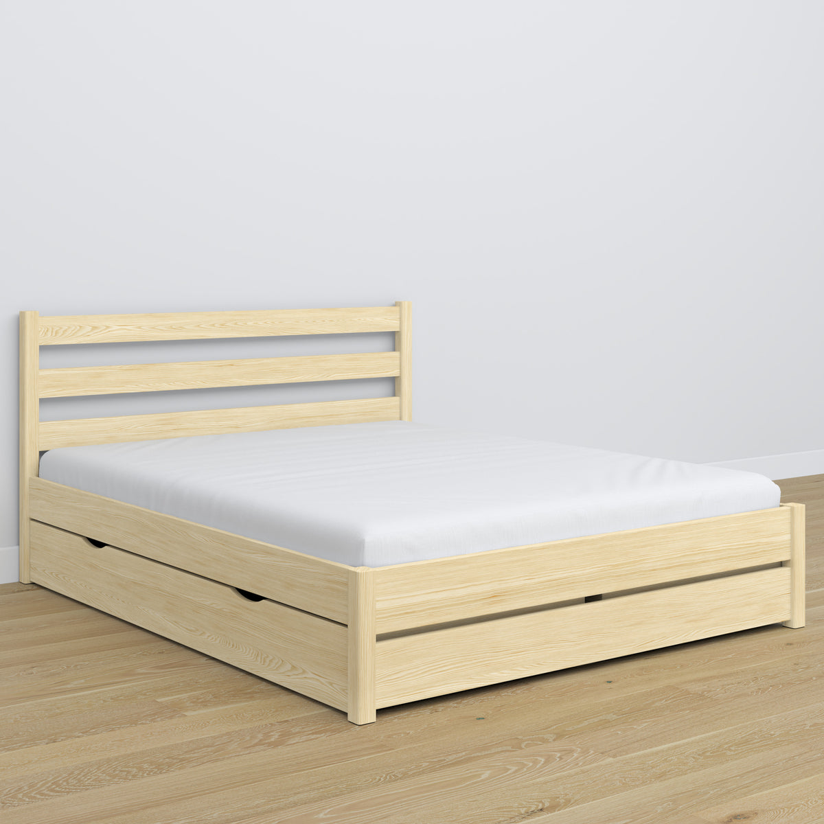Letto matrimoniale pino trasparente con cassetto – testiera in legno, dettaglio