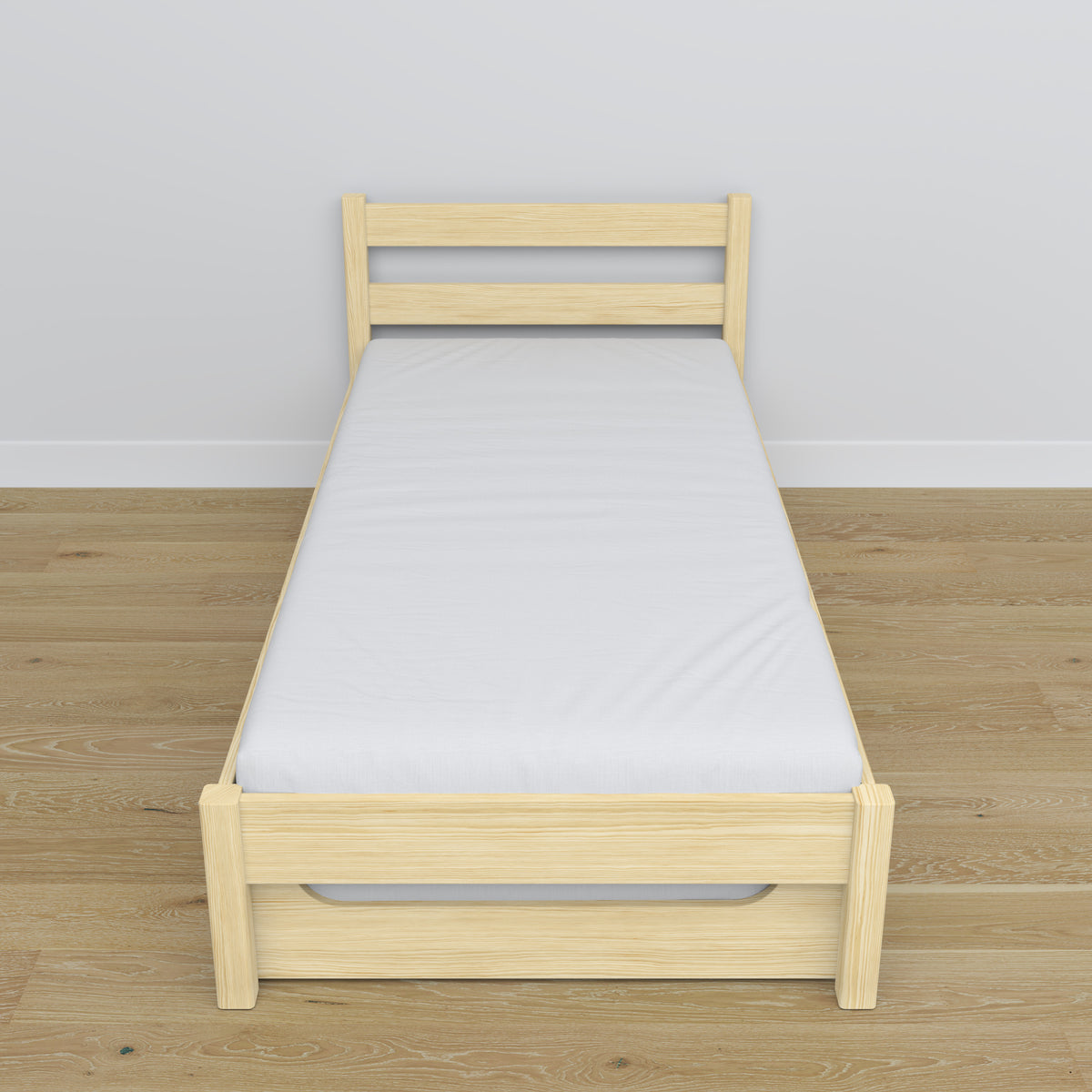 Letto con cassetto per materasso in legno pino trasparente – allestimento nella cameretta dei bambini