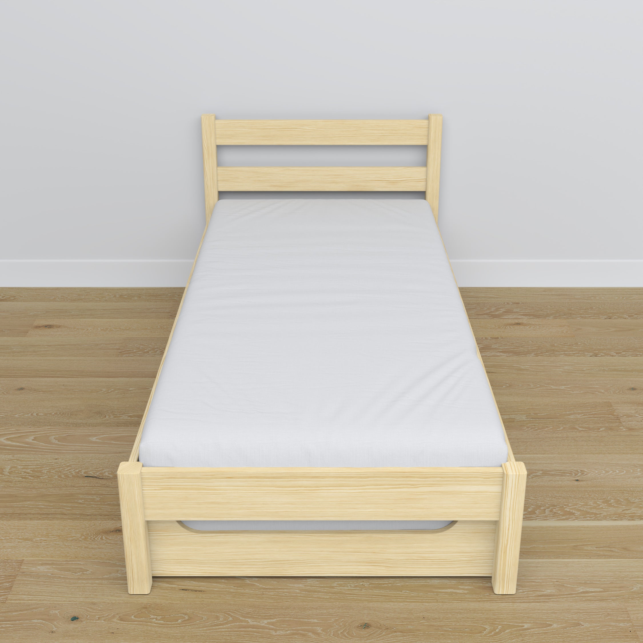 Letto con cassetto per materasso in legno pino trasparente – allestimento nella cameretta dei bambini