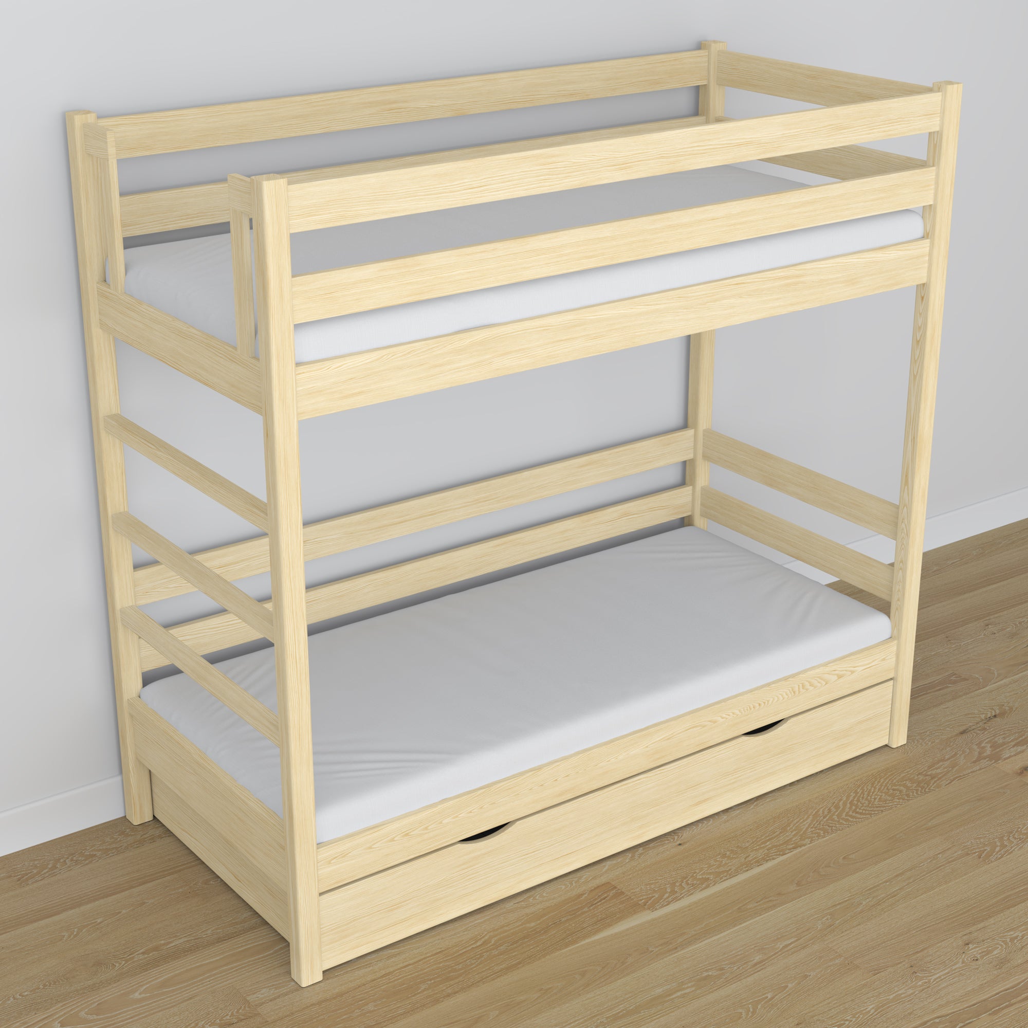 Holz-Etagenbett Kiefer farblos – Details der Verbindungen und Leiter, Kinderzimmer