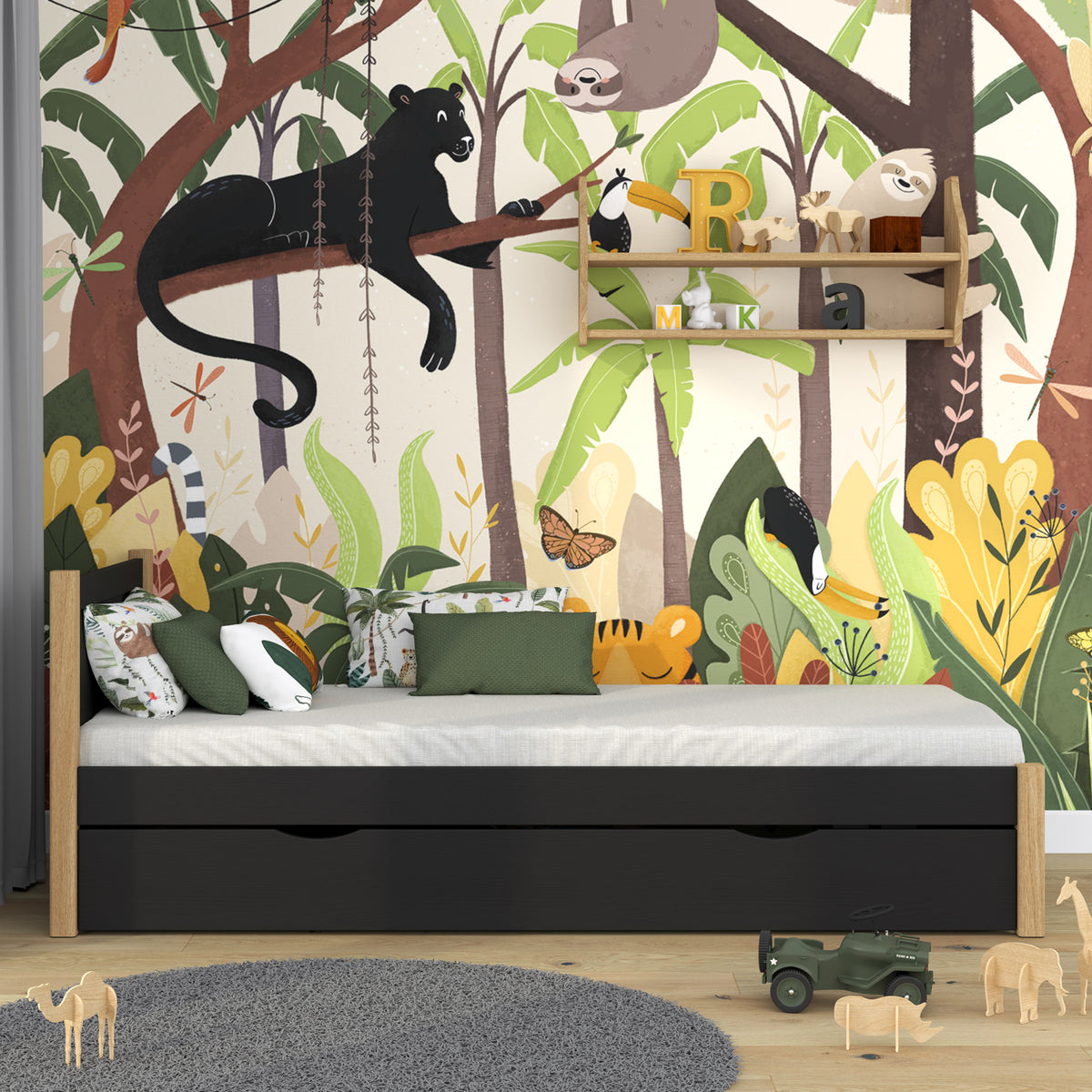 Letto nero-quercia con cassetto – vista laterale, in legno, Nizio Home