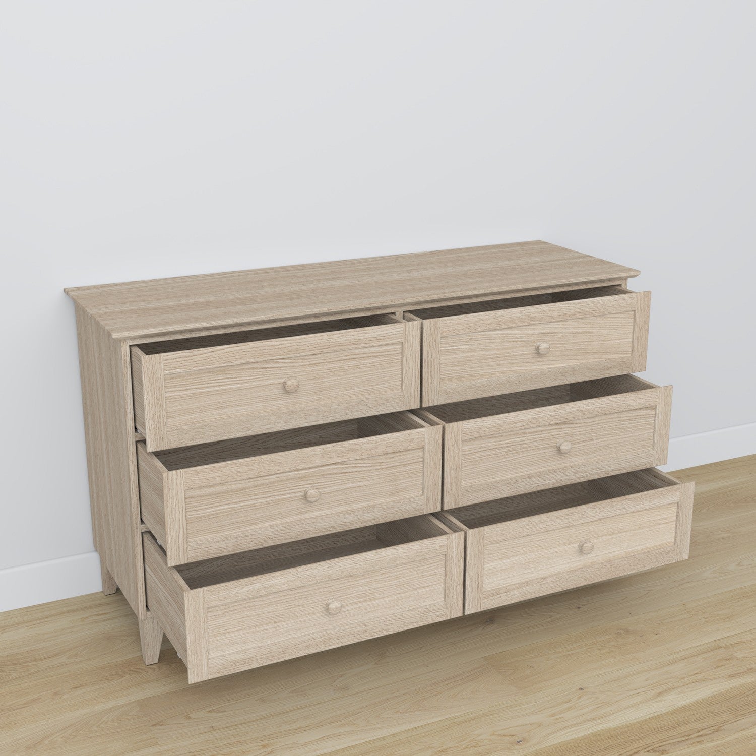 Cassettiera 6S in rovere sbiancata – cassetti aperto, capiente ambiente vani