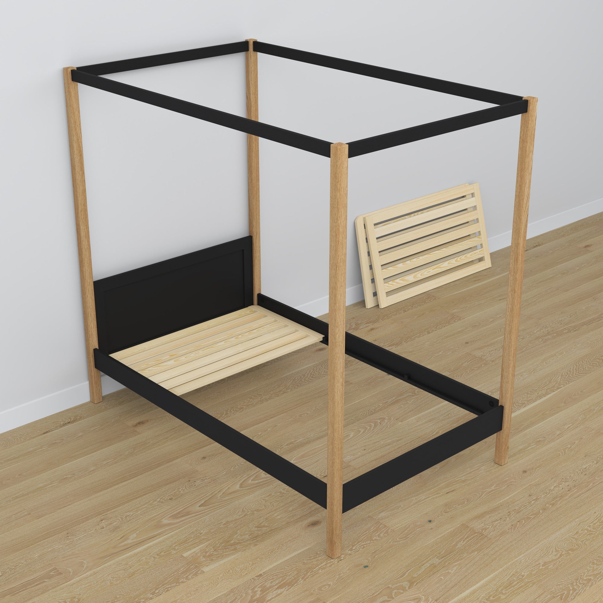 Bett Schwarz-Eiche mit Baldachin – Details aus Holz und Verbindungen, Nizio Home