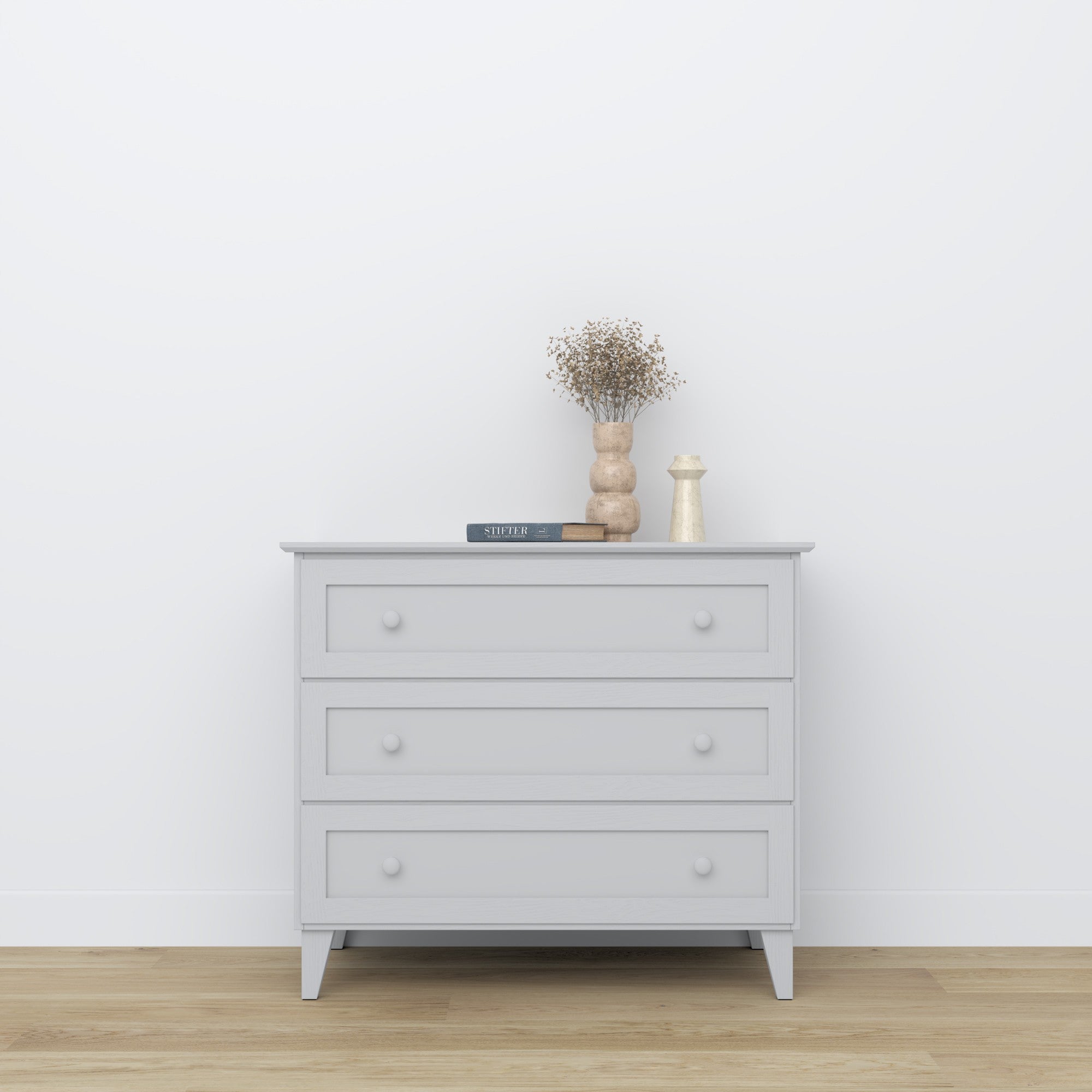 Cassettiera 3S grigio in legno – vista laterale, volume del mobile del mobile compatto
