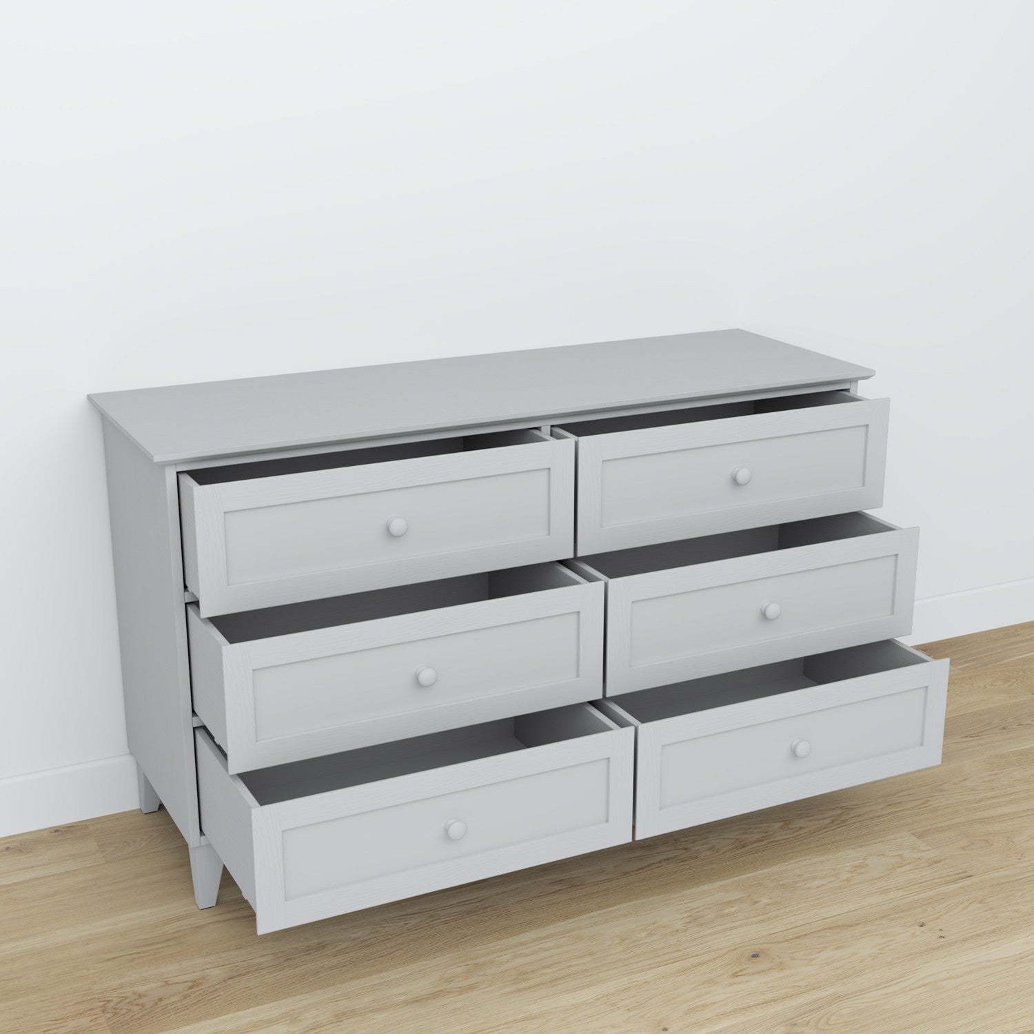 Cassettiera 6S in legno grigio – cassetti aperto, capiente ambiente vani
