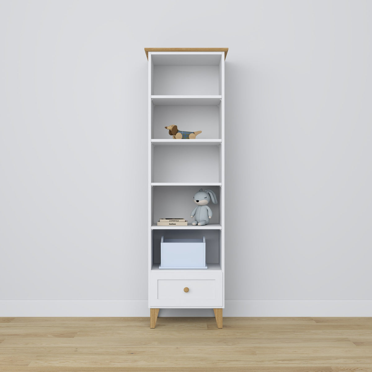 Scaffale con cassetto in legno bianco con quercia 57 cm – salotto e studio, stile scandinavo