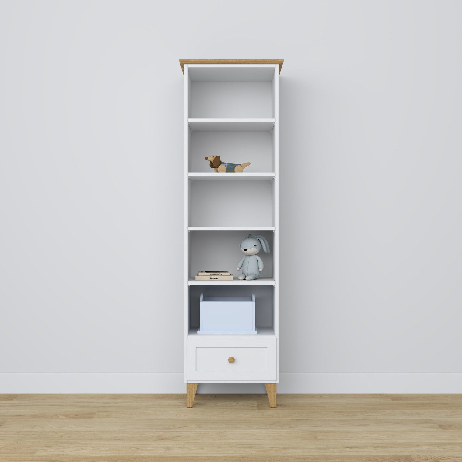 Scaffale con cassetto in legno bianco con quercia 57 cm – salotto e studio, stile scandinavo