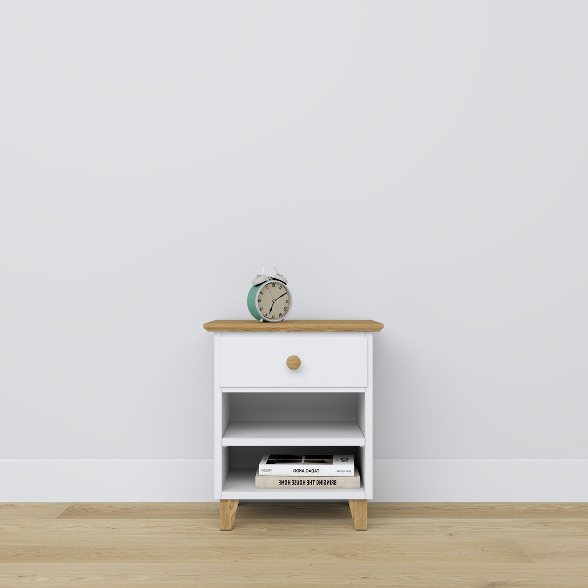 Comodino con cassetto N02 in legno bianco con quercia – camera da letto, stile scandinavo