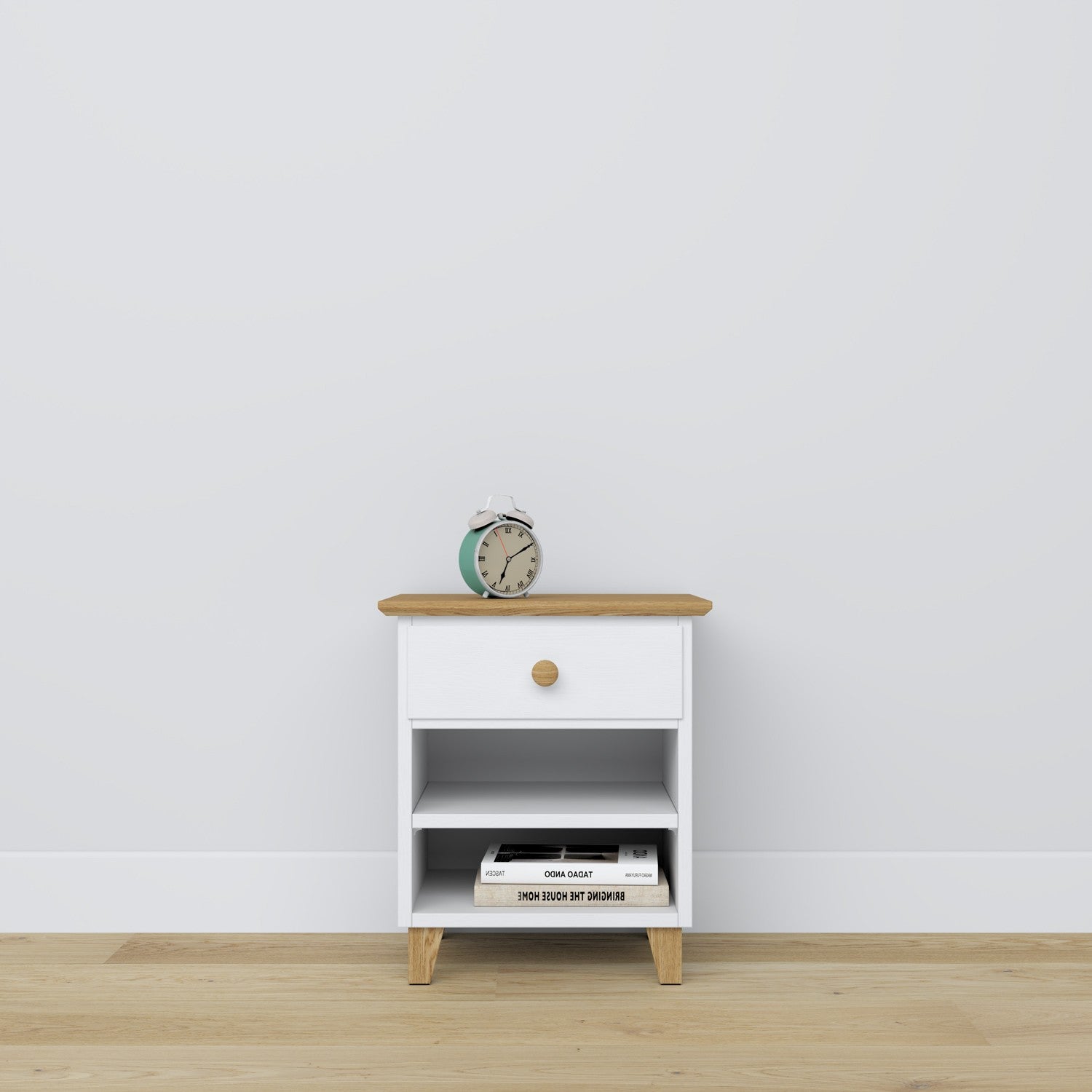 Comodino con cassetto N02 in legno bianco con quercia – camera da letto, stile scandinavo