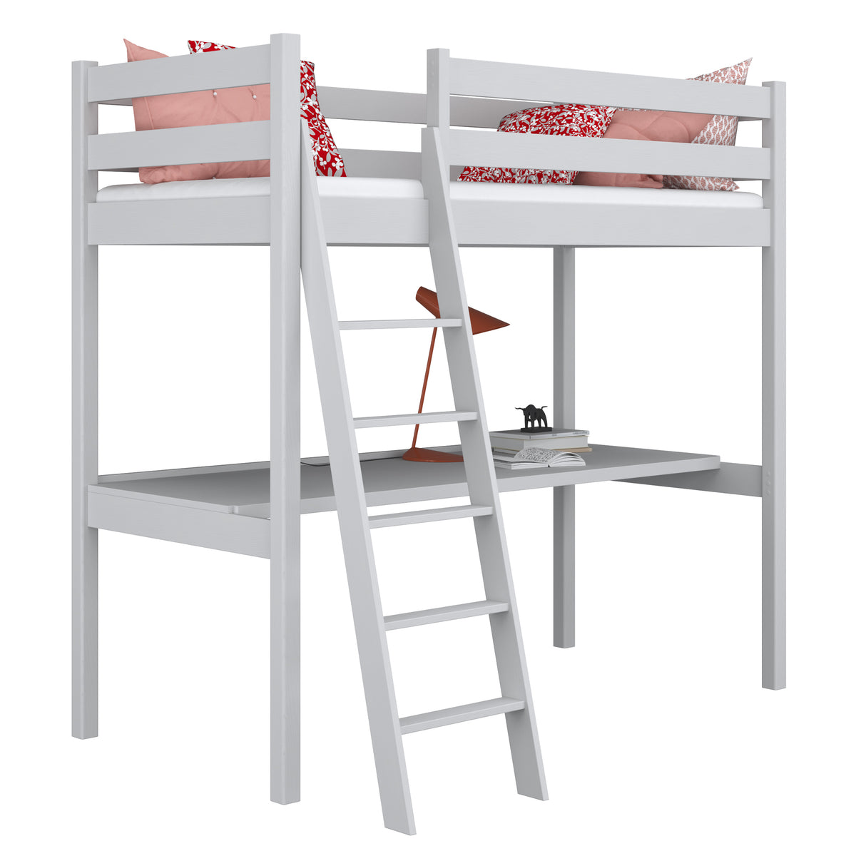 Letto a soppalco grigio con scrivania – spazio studio sotto il letto, in legno