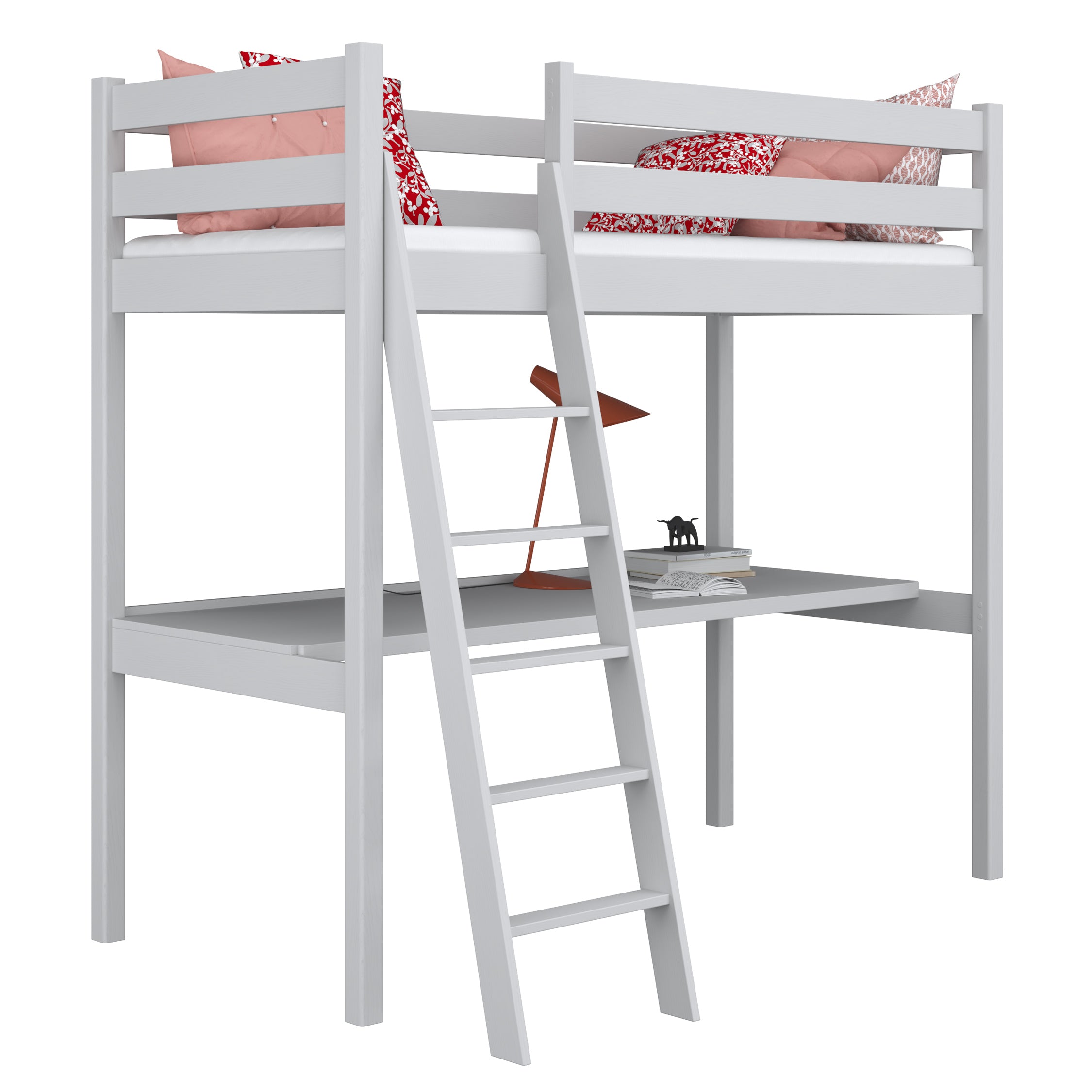 Letto a soppalco grigio con scrivania – spazio studio sotto il letto, in legno