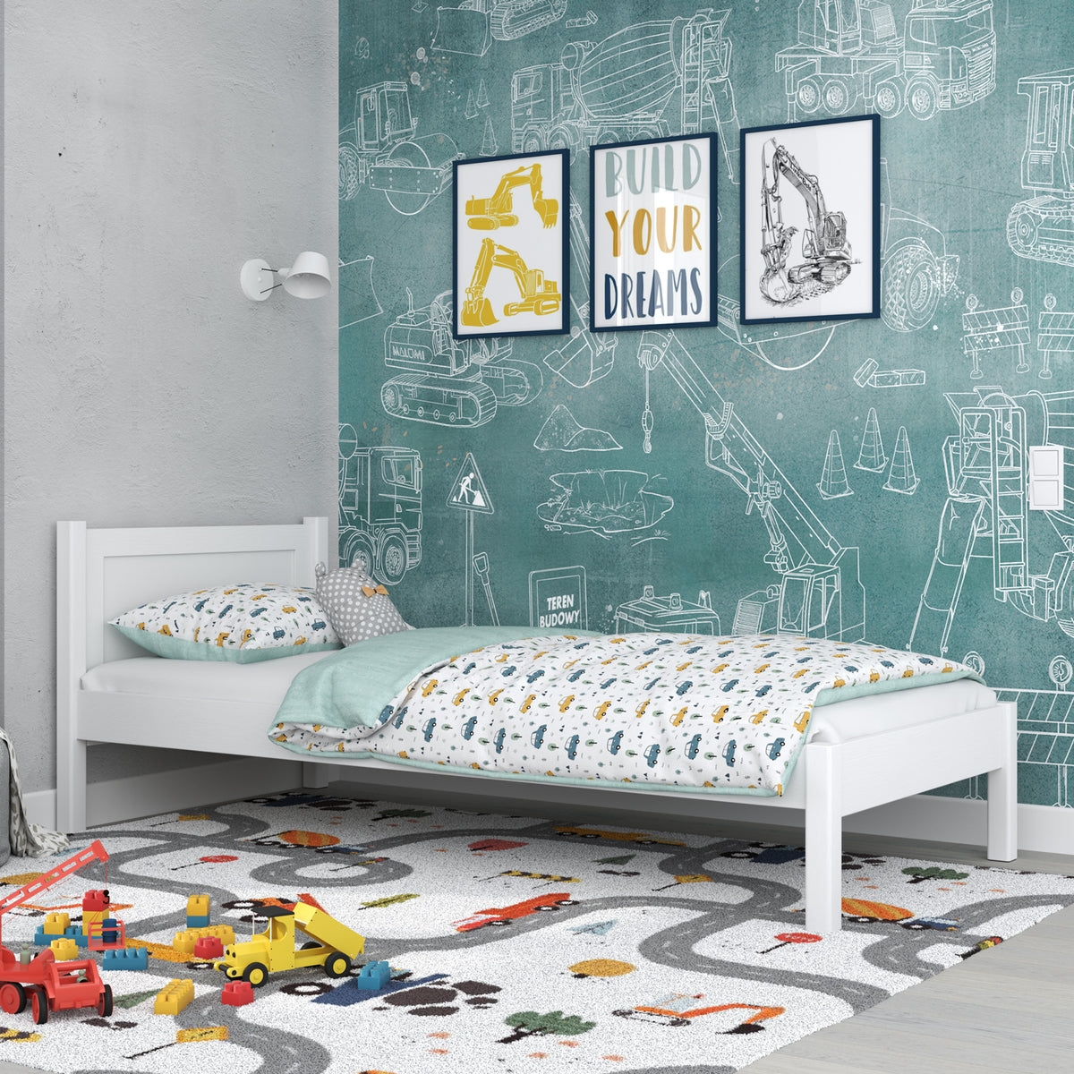 Letto singolo in legno bianco – stanza per bambini, legno massello, stile scandi