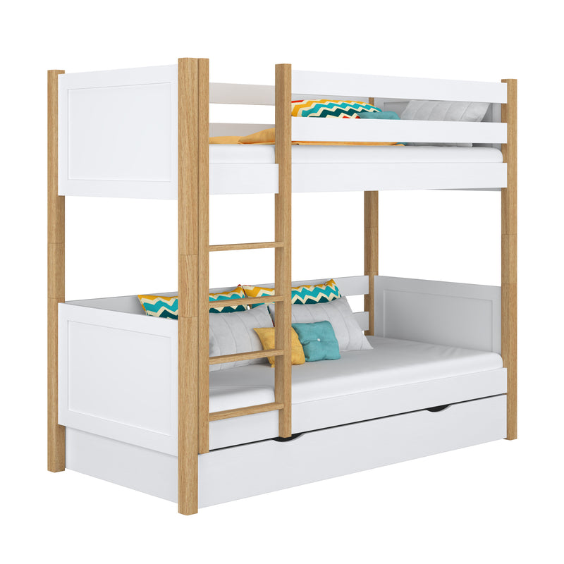 Letto a castello con cassetto in legno bianco-quercia – stanza per bambini, legno massello, scandi
