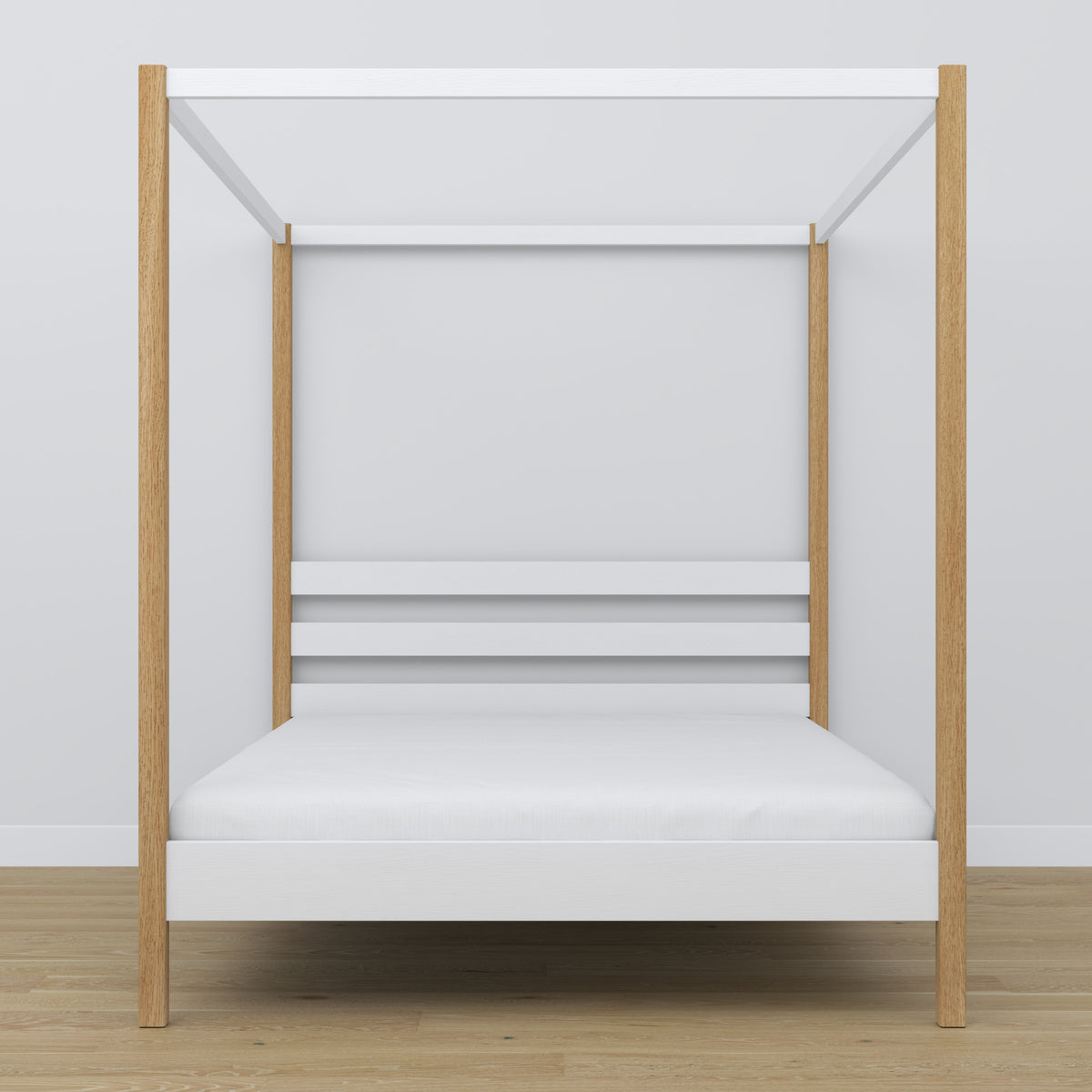 Doppelbett mit Baldachin Holz weiß-Eiche – Kopfteil und Rahmen, Nahaufnahme