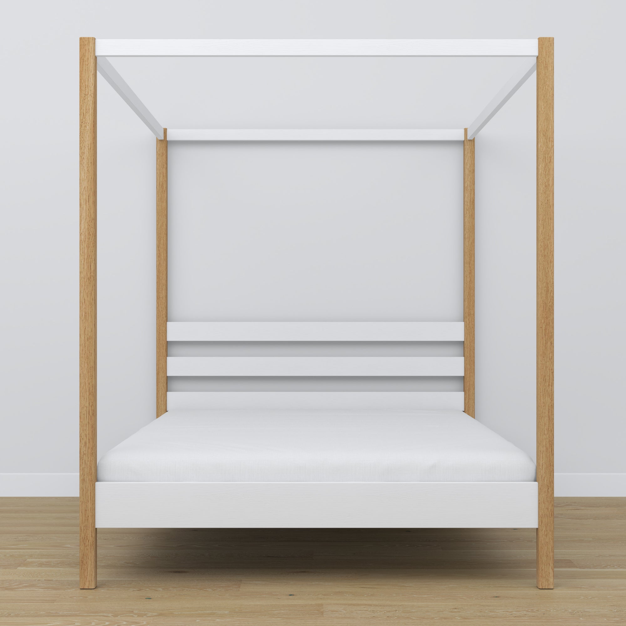 Doppelbett mit Baldachin Holz weiß-Eiche – Kopfteil und Rahmen, Nahaufnahme