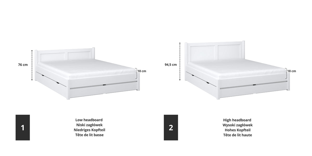 Letto matrimoniale con cassetto in legno bianco – vista diagonale, camera da letto scandi