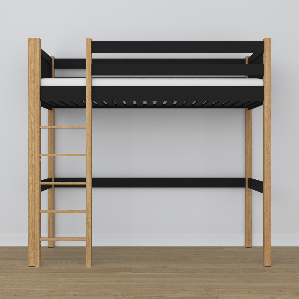 Hochbett schwarz-eiche – Leiter und Geländer aus Holz, Nizio Home