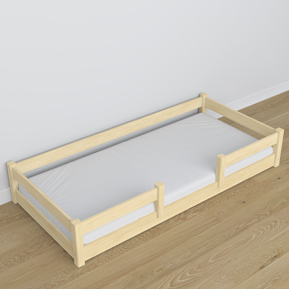 Niedriges Holzbett Kiefer farblos – niedriger Rahmen, Seitenansicht, Scandi-Schlafzimmer