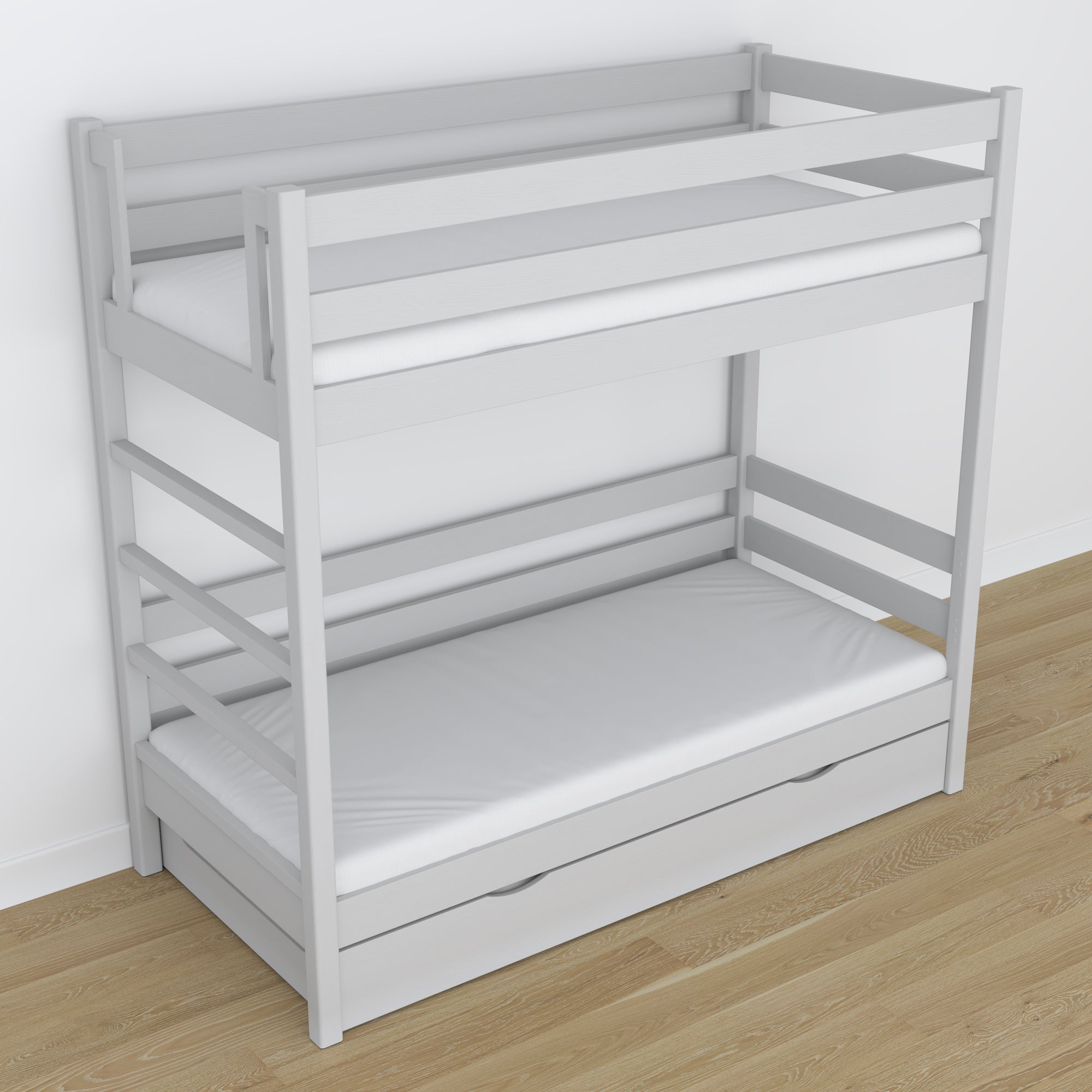 Lit superposé en bois gris – dimensions et schéma z tiroir na matelas