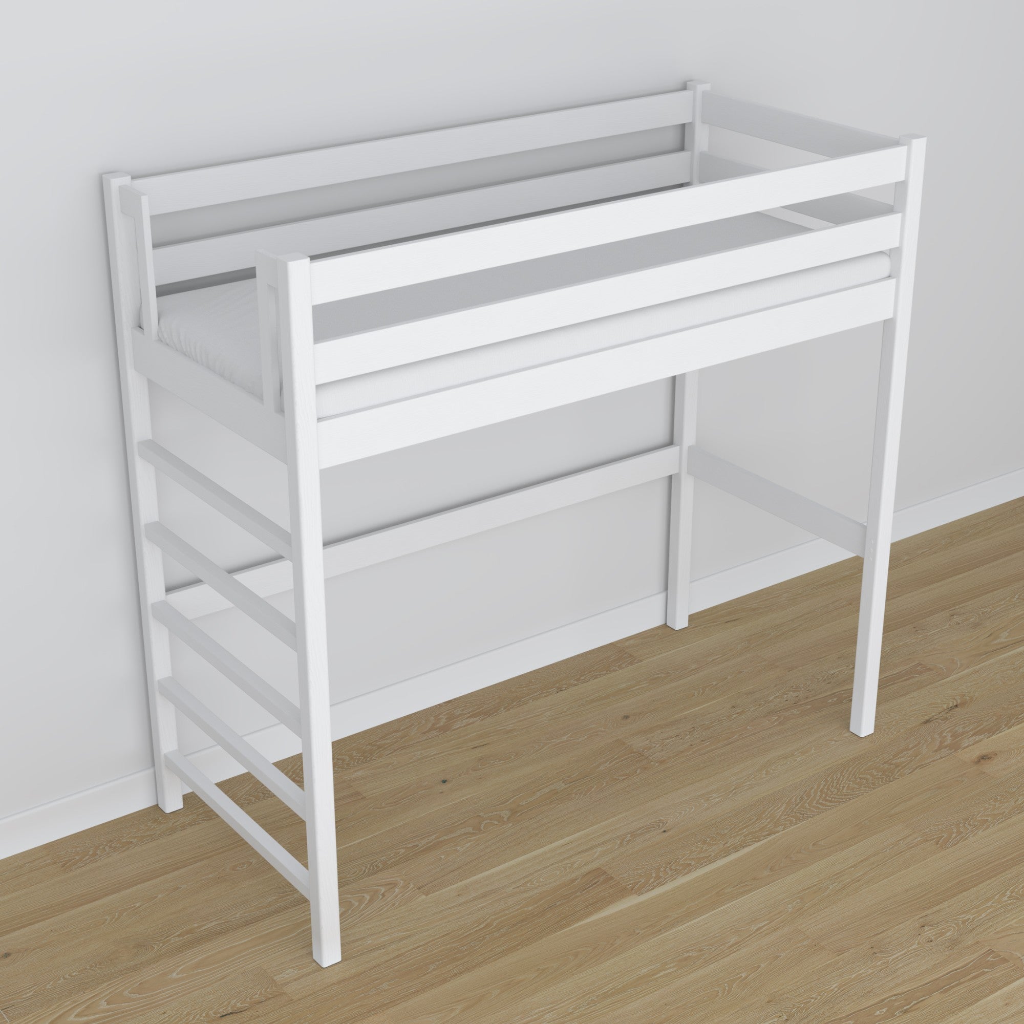 Loft bed N01 white – top view of the mattress and safety rails