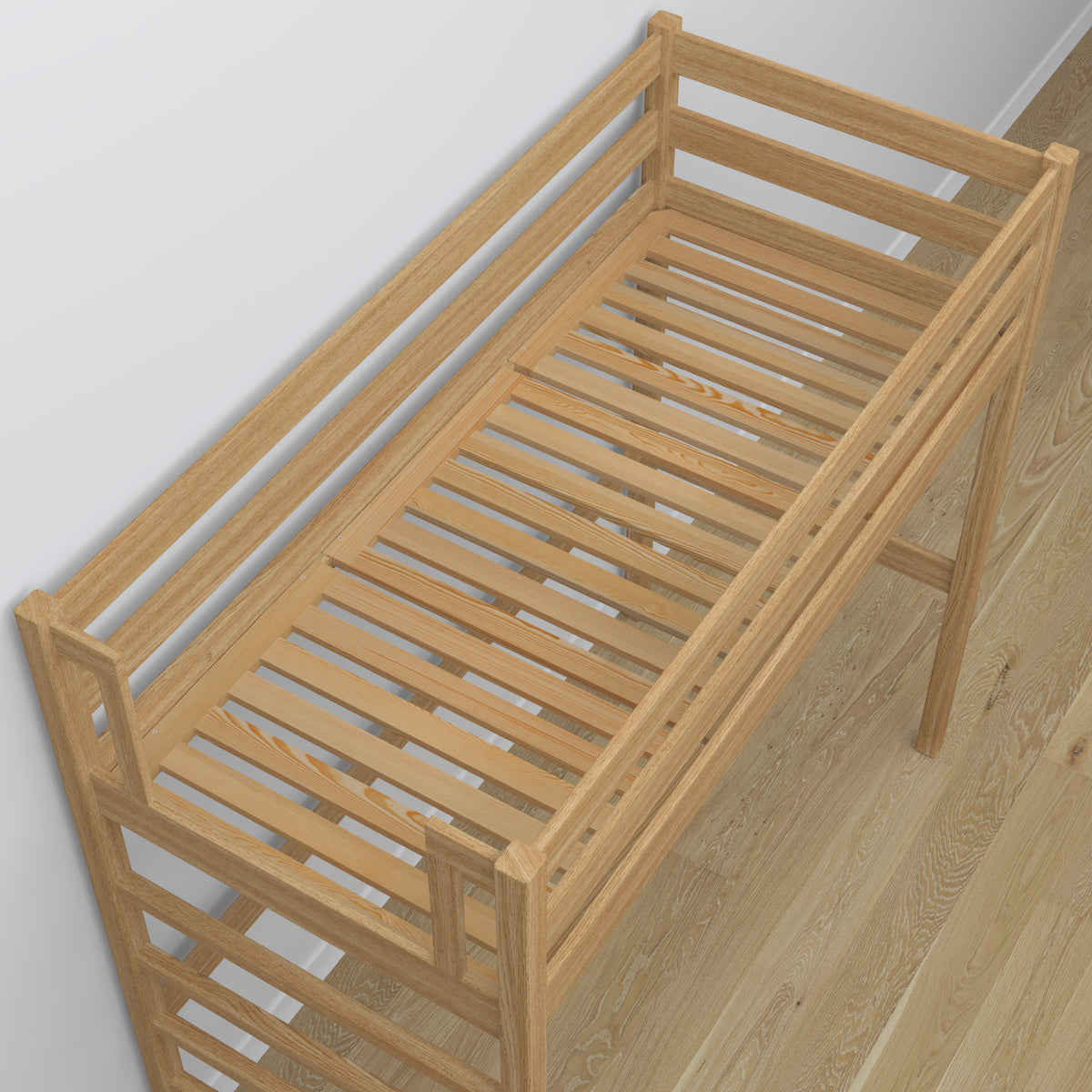 Loft bed natural oak oak – top view of the sleeping area