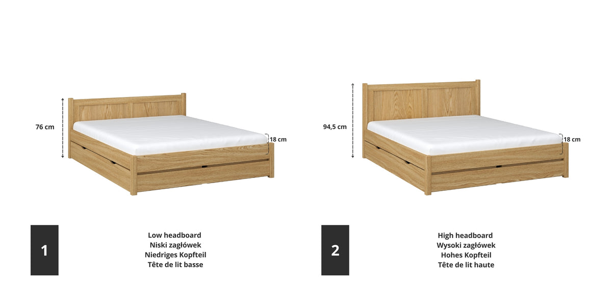 Oak double bed with drawer natural oak – angled view, scandi bedroom