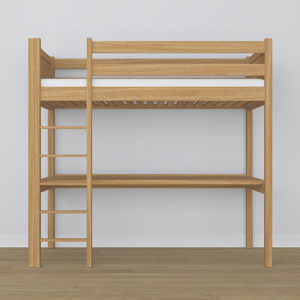 Loft bed natural oak with desk – study space under the sleeping area, oak