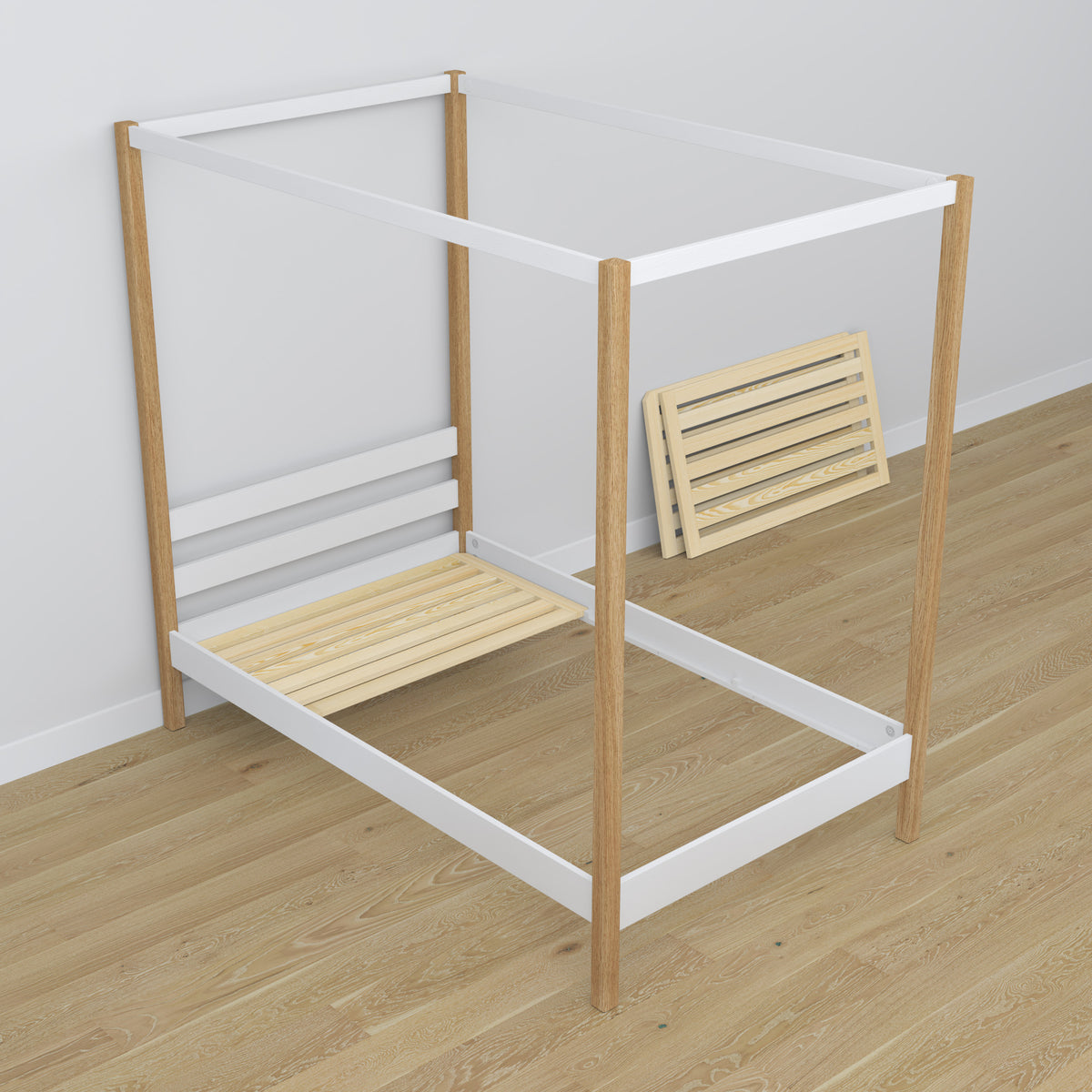 White-oak canopy bed with drawer made of wood – dimensions, Nizio