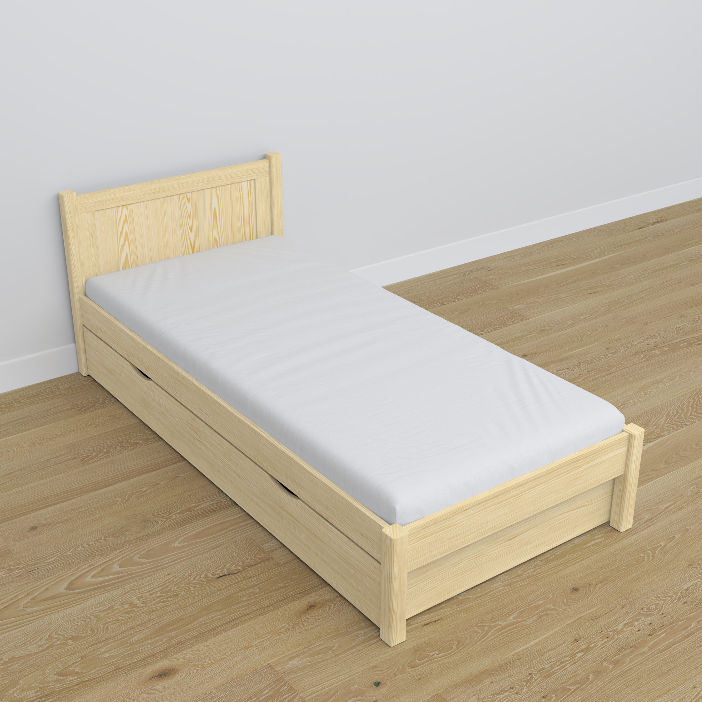 Clear pine bed with drawer – runners and wooden details, Nizio