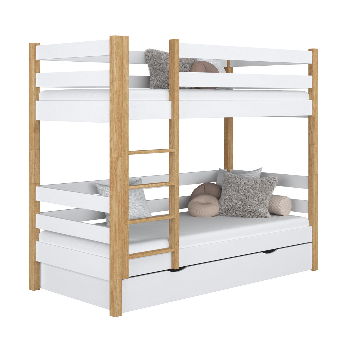 Etagenbett mit Schublade Holz Weiß-Eiche – Kinderzimmer, Massivholz, scandi