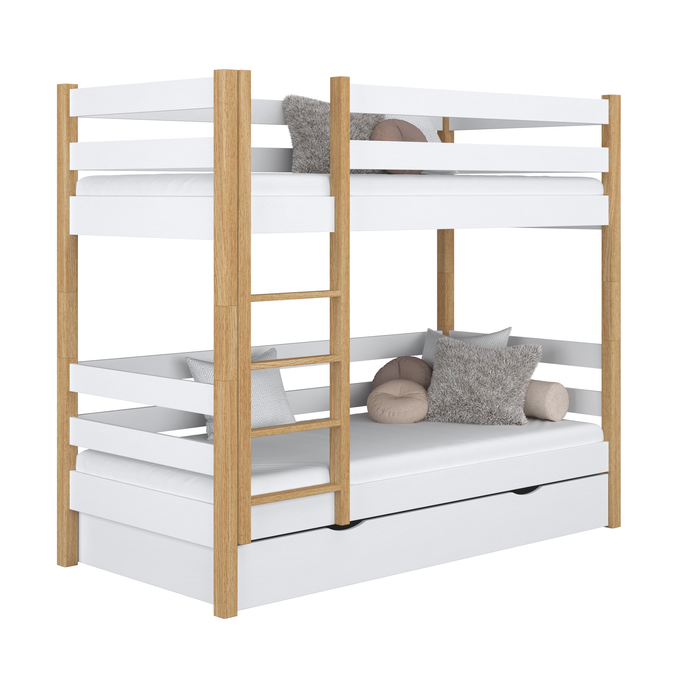 Etagenbett mit Schublade Holz Weiß-Eiche – Kinderzimmer, Massivholz, scandi