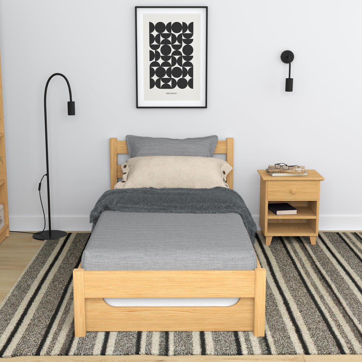 Letto pino naturale con cassetto per materasso – vista laterale, in legno, Nizio Home