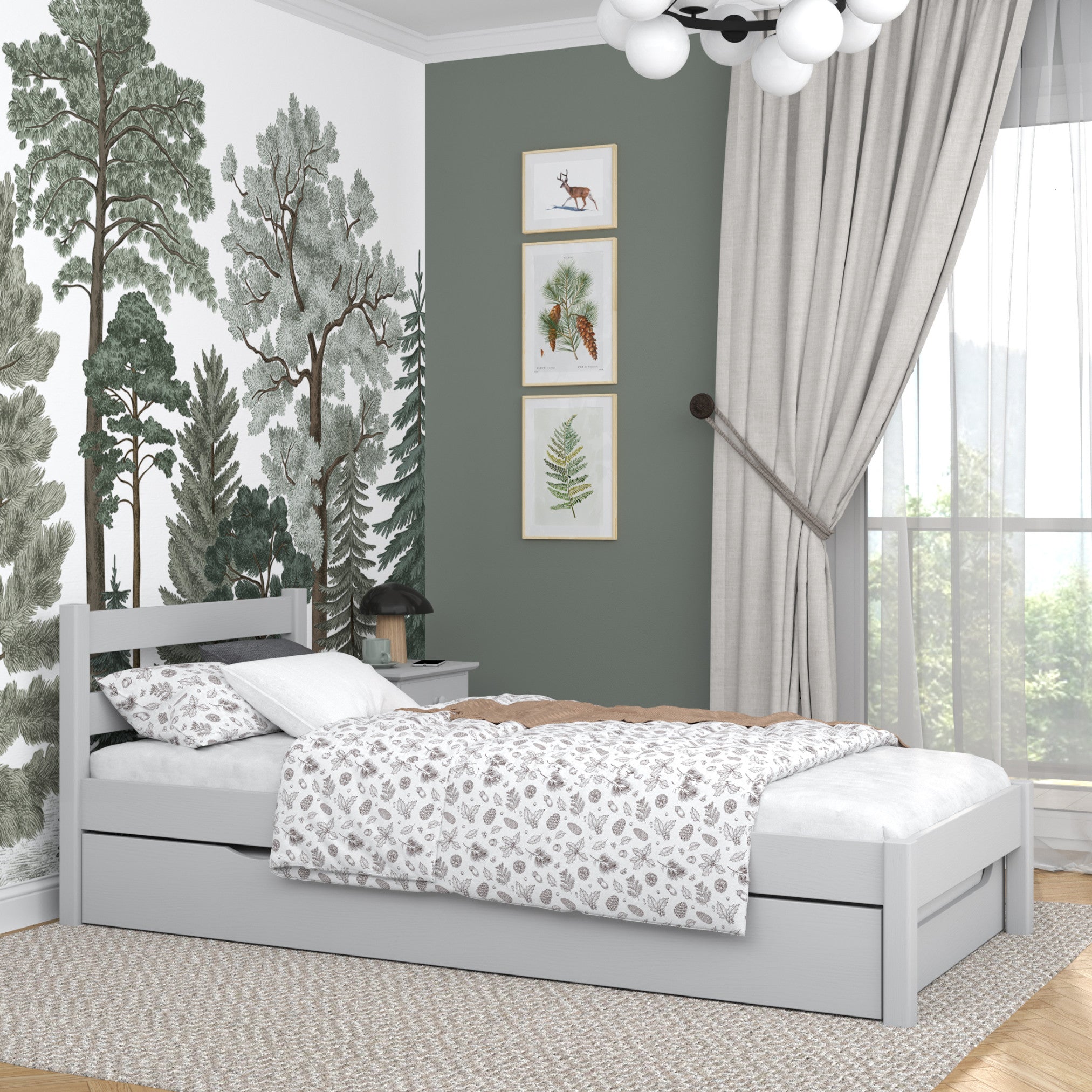 Letto grigio con cassetto per materasso aggiuntivo – in legno, per bambini Nizio