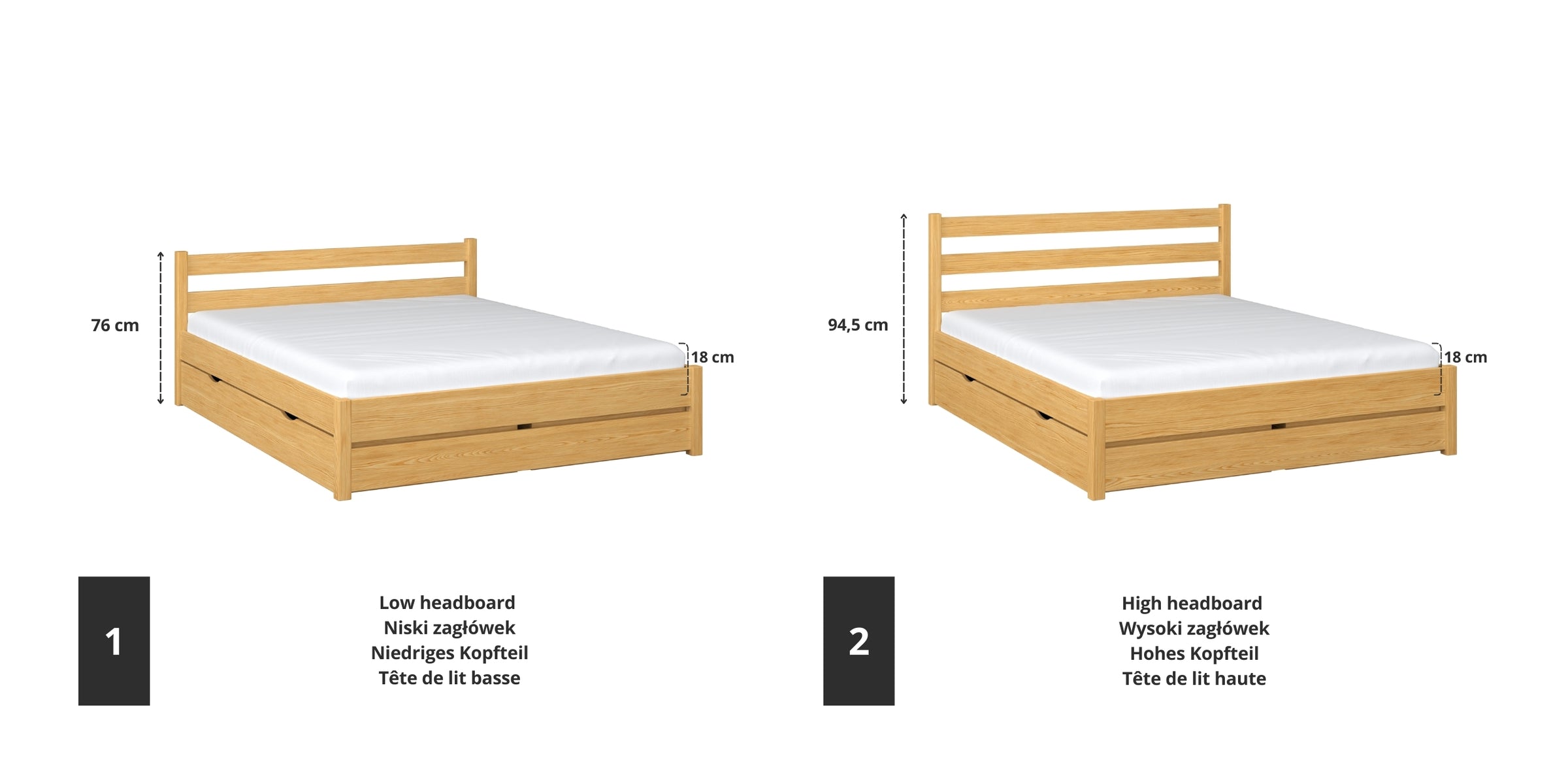 Wooden double bed natural pine – joint and drawer details, Nizio