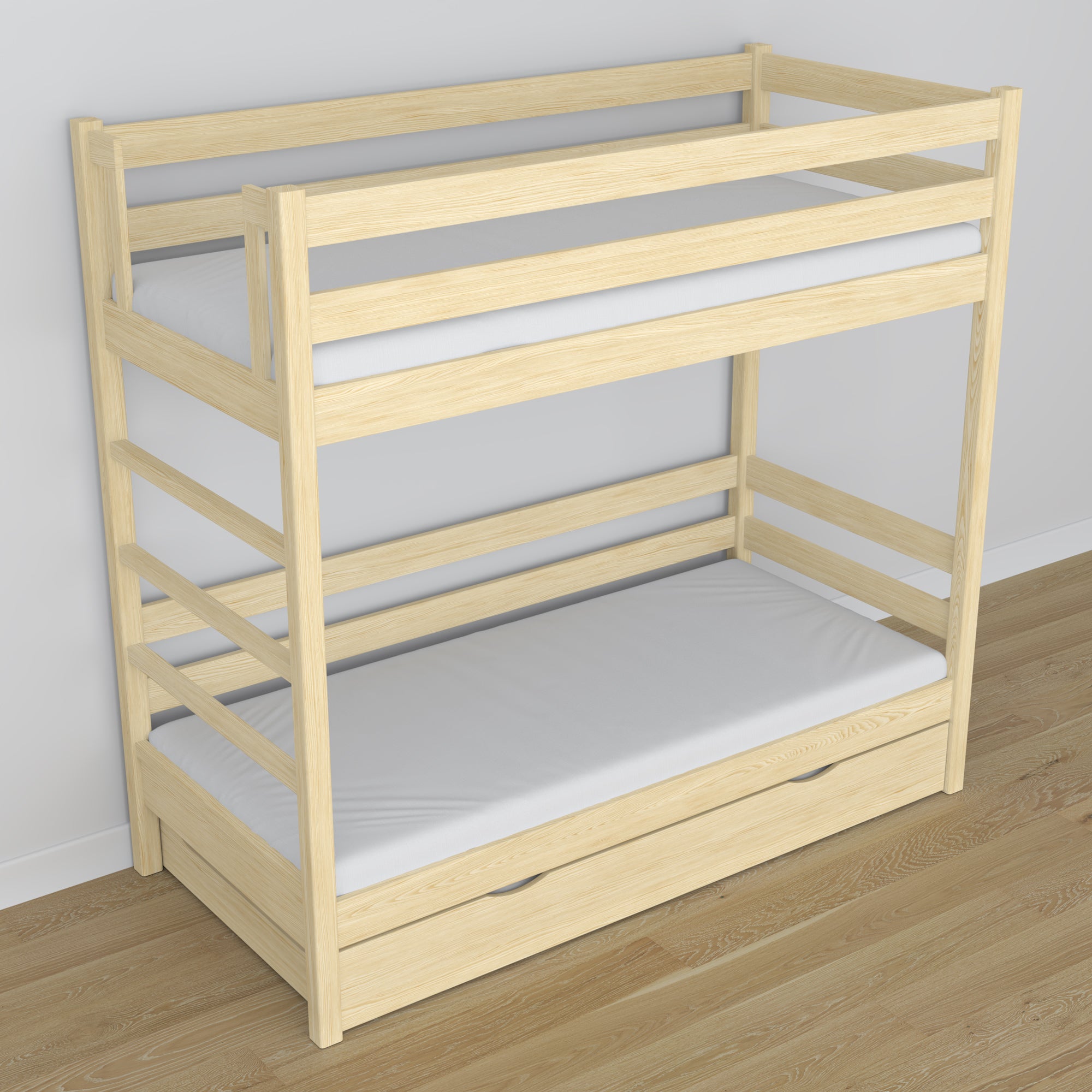 Lit superposé en bois pin incolore – intérieur du tiroir na matelas, chambre d'enfant