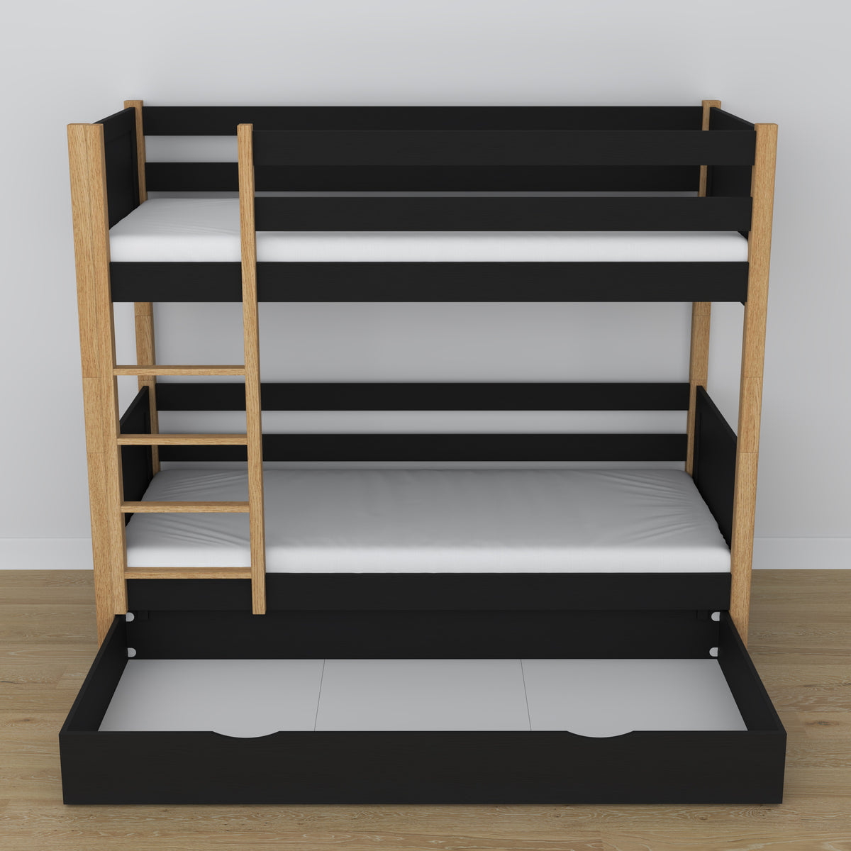 Letto a castello in legno nero-quercia con cassetto – dimensioni e schema, Nizio