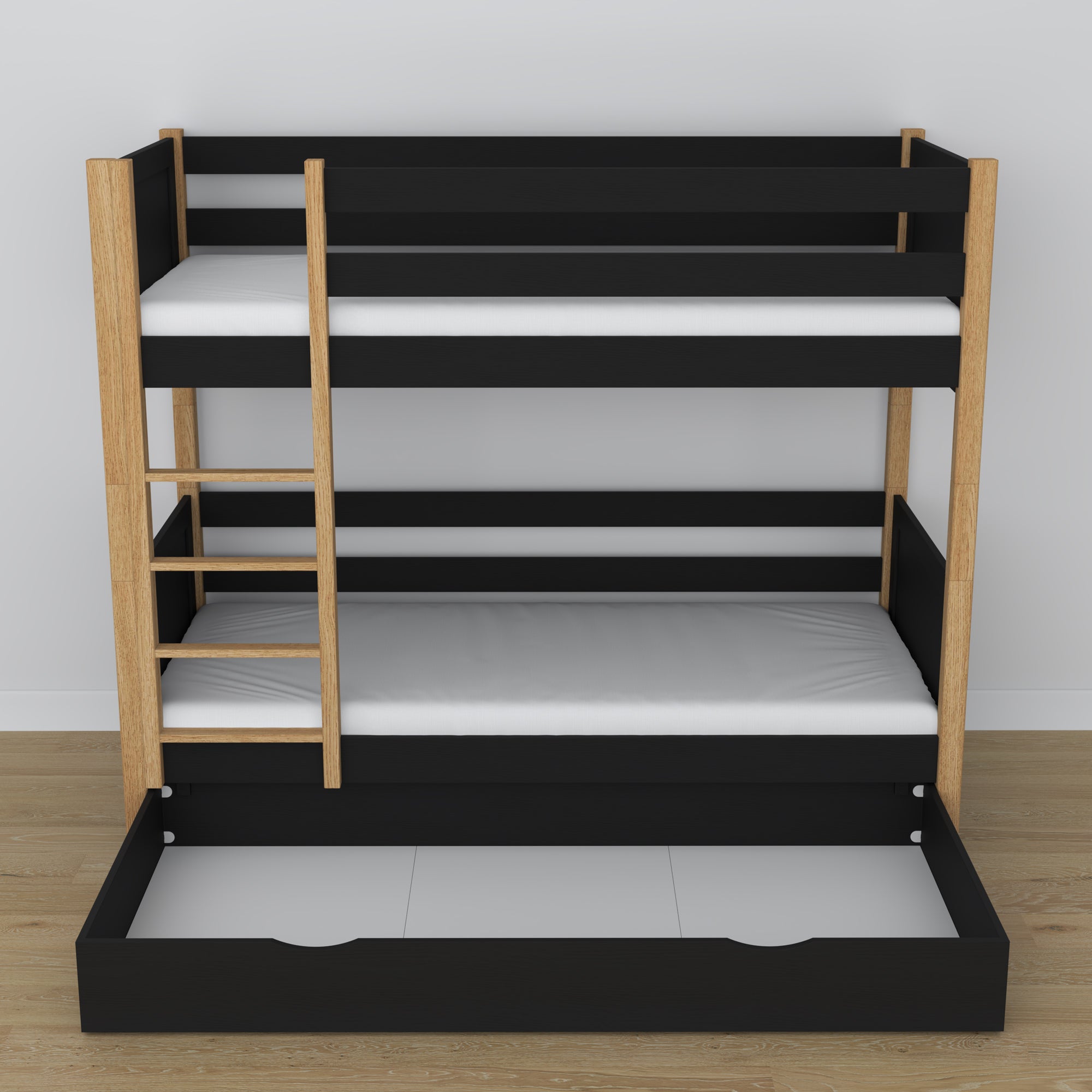 Letto a castello in legno nero-quercia con cassetto – dimensioni e schema, Nizio