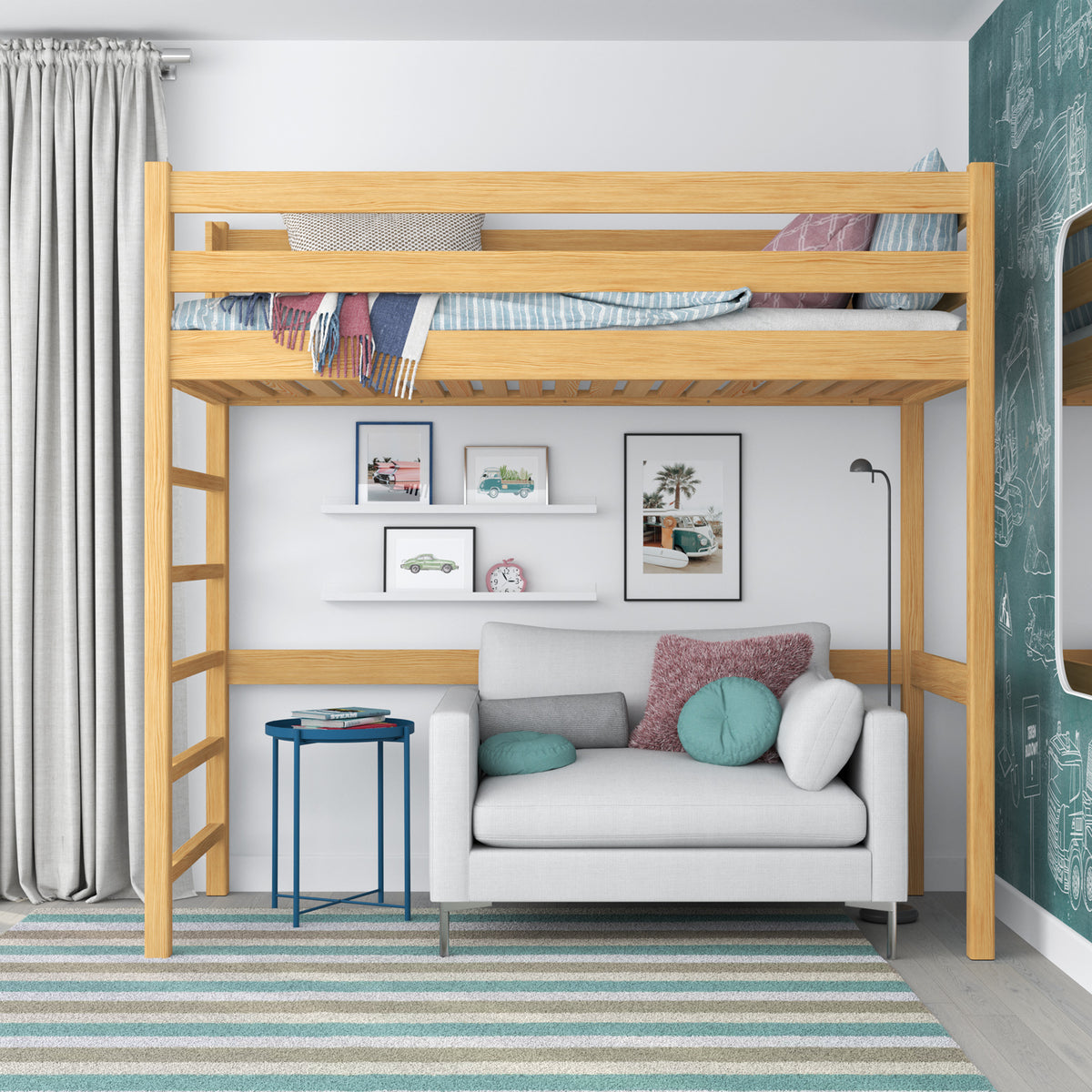 Lit mezzanine pin naturel – échelle i barrière en bois, Nizio Home