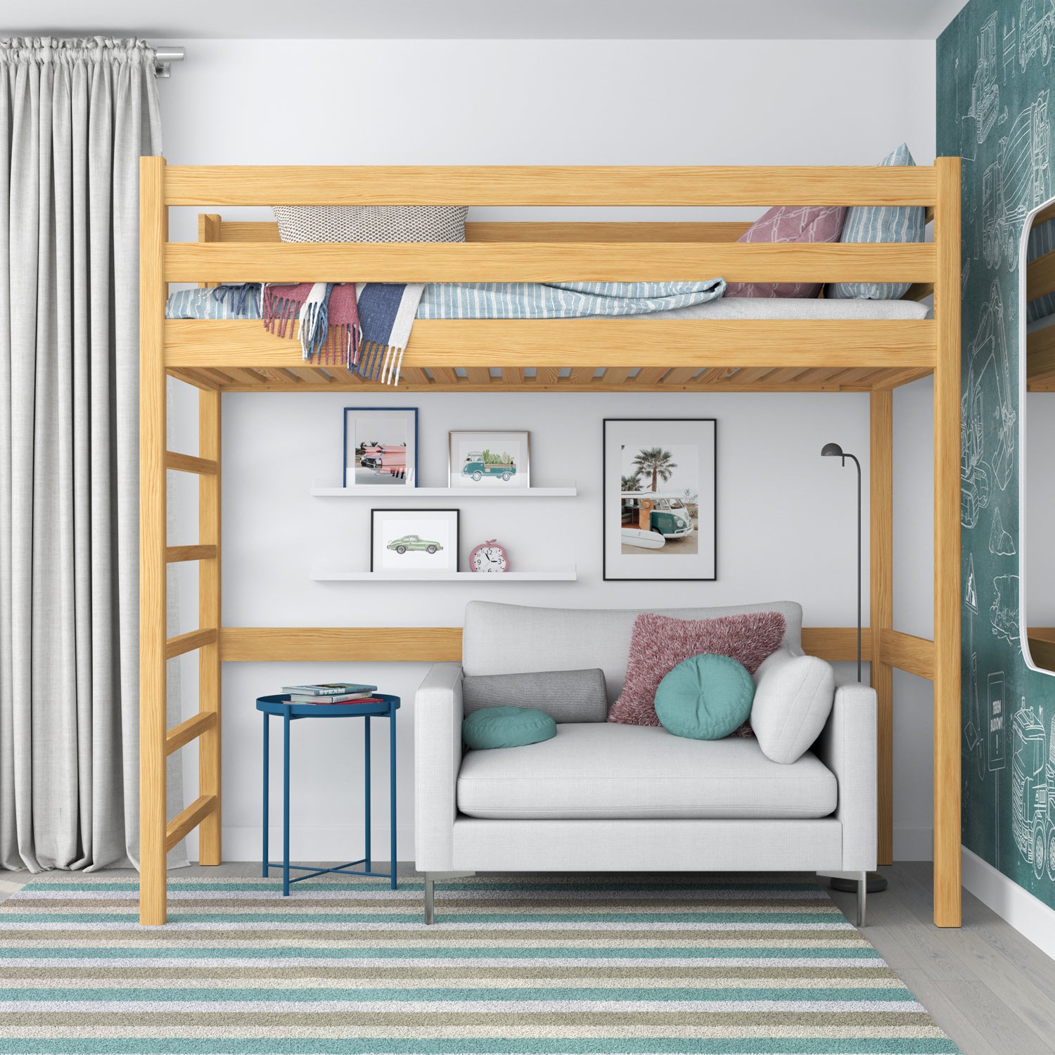 Lit mezzanine pin naturel – échelle i barrière en bois, Nizio Home