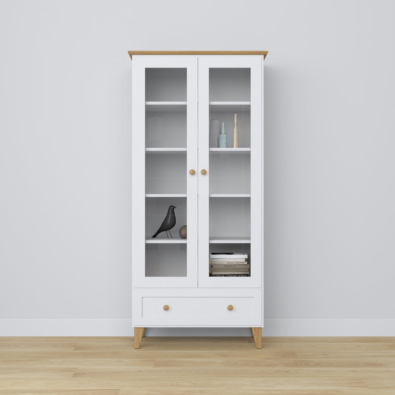 Vetrina con cassetto in legno bianco con quercia 90 cm – salotto, stile scandinavo Nizio