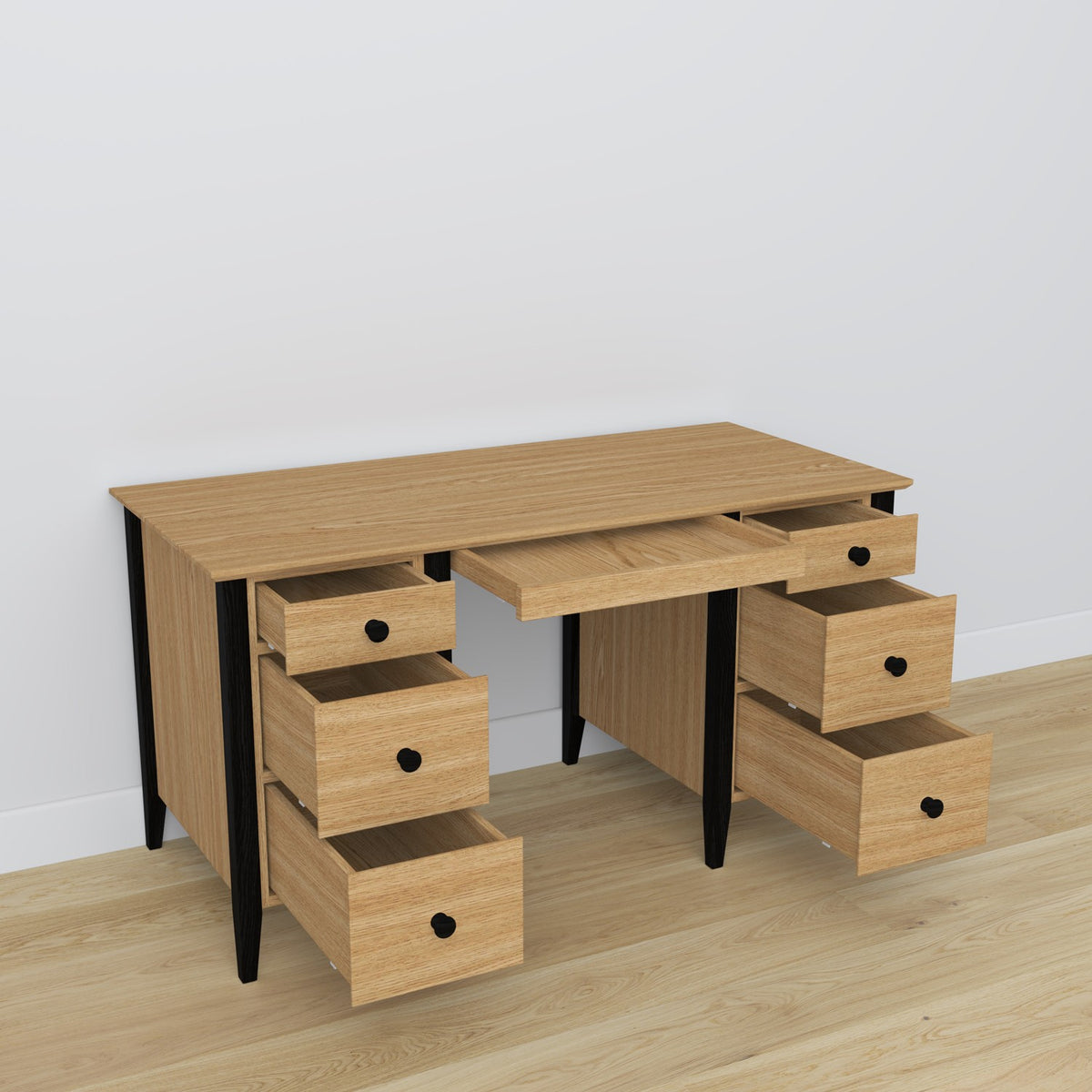 Scrivania 6S in rovere naturale con nero – cassetti aperto, vani per documenti
