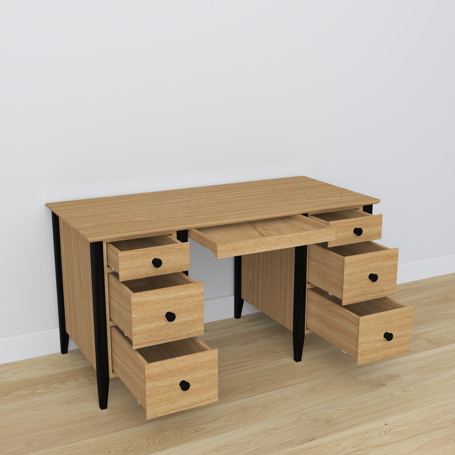 Scrivania 6S in rovere naturale con nero – cassetti aperto, vani per documenti