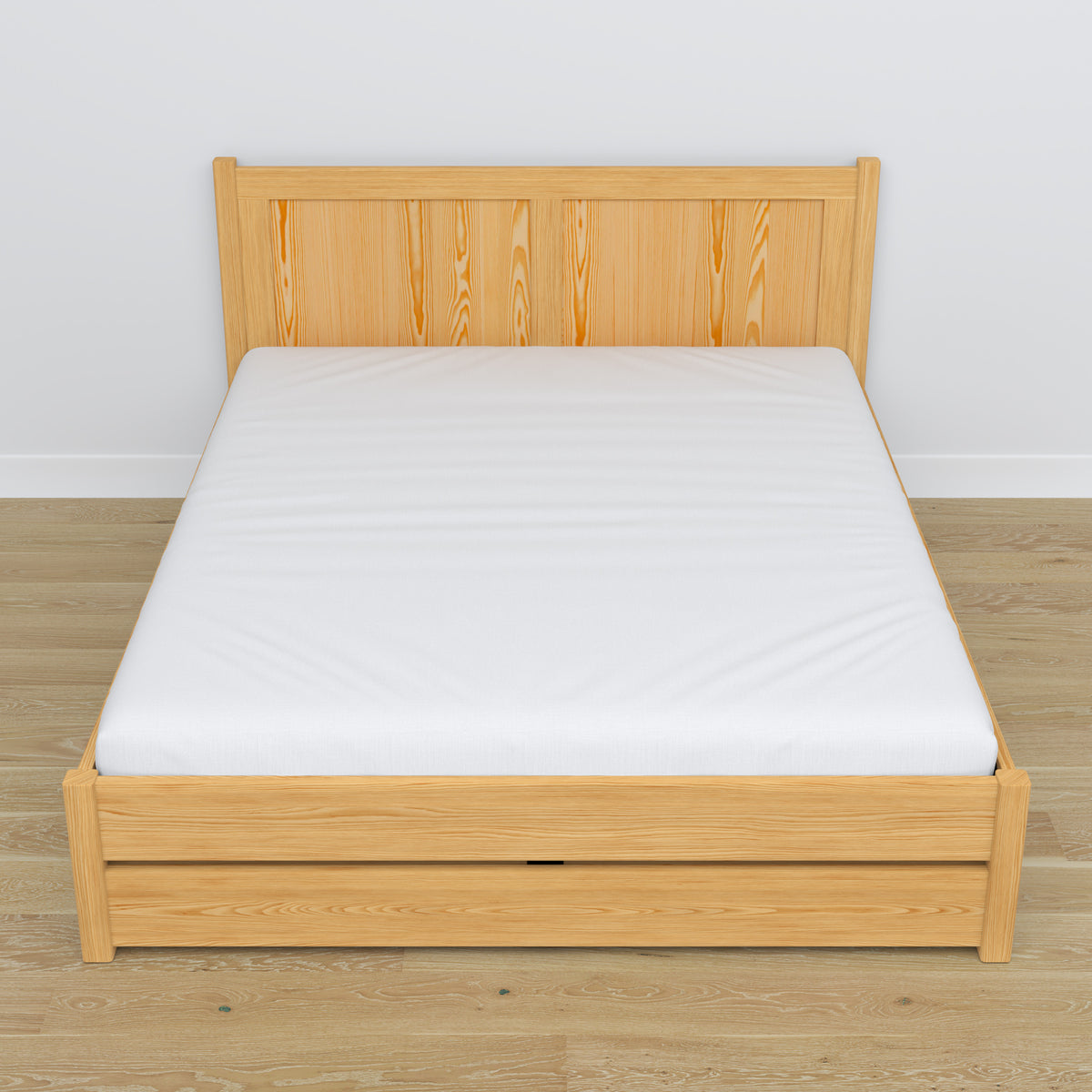 Double bed with wooden drawer natural pine – angled view, scandi bedroom