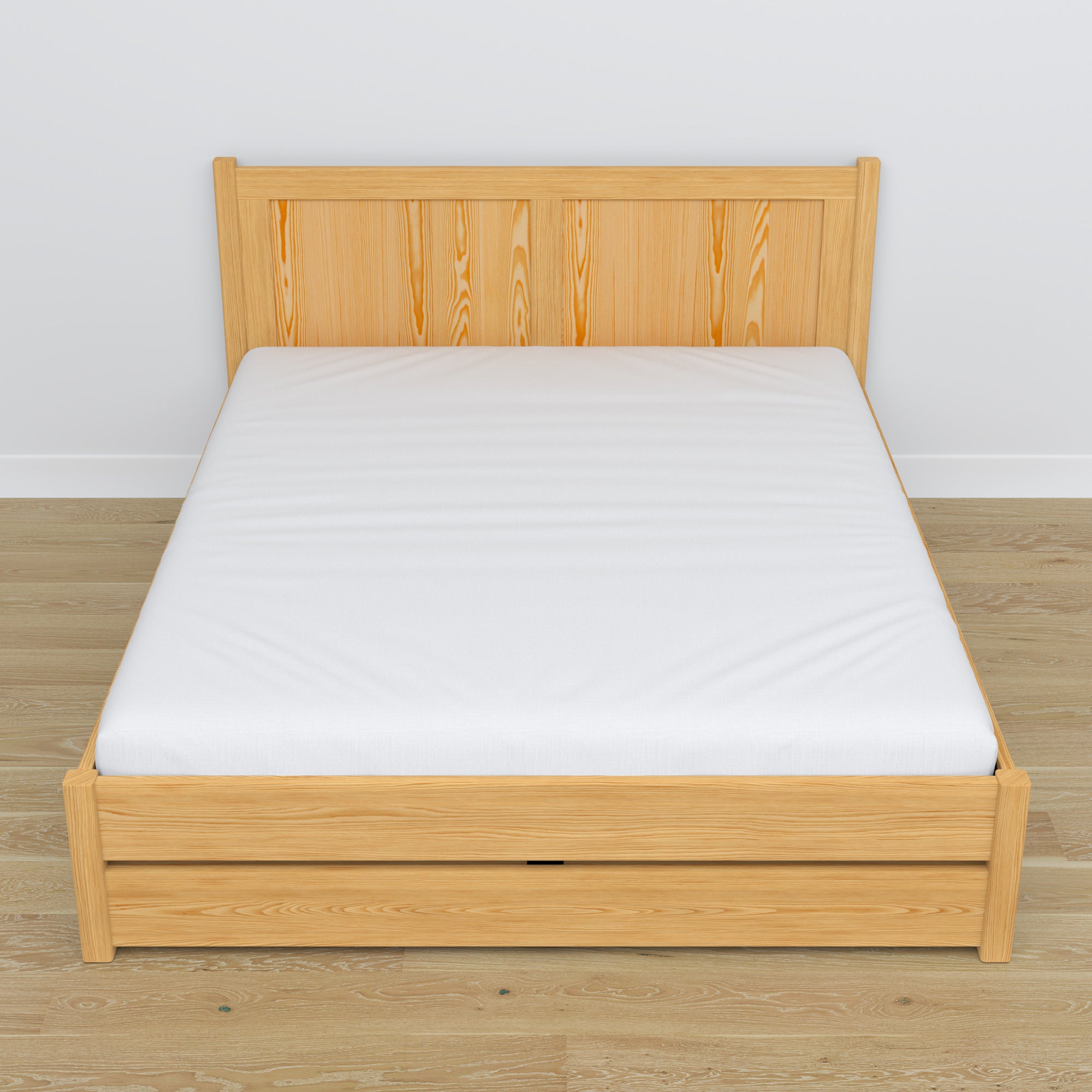 Double bed with wooden drawer natural pine – angled view, scandi bedroom