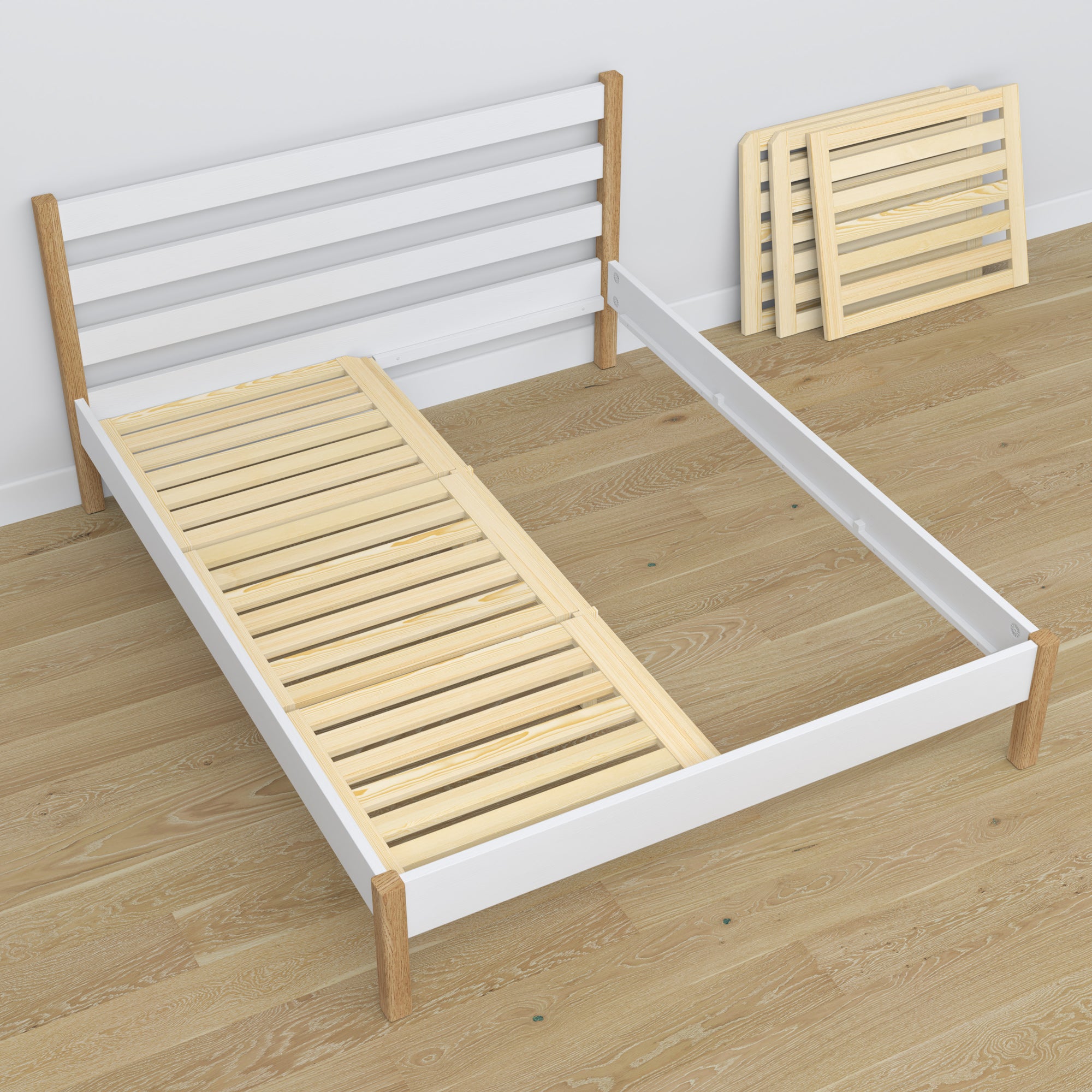 Lit double en bois blanc-chêne – dimensions et schéma, Nizio Home