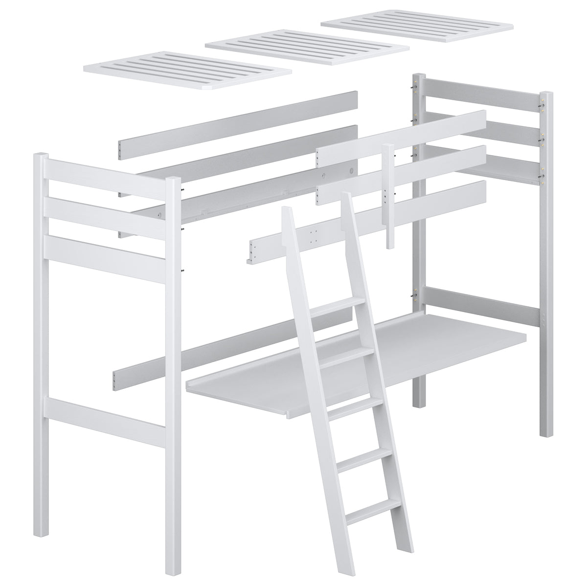 Letto a soppalco con scrivania in legno grigio – allestimento nella stanza scandi, Nizio
