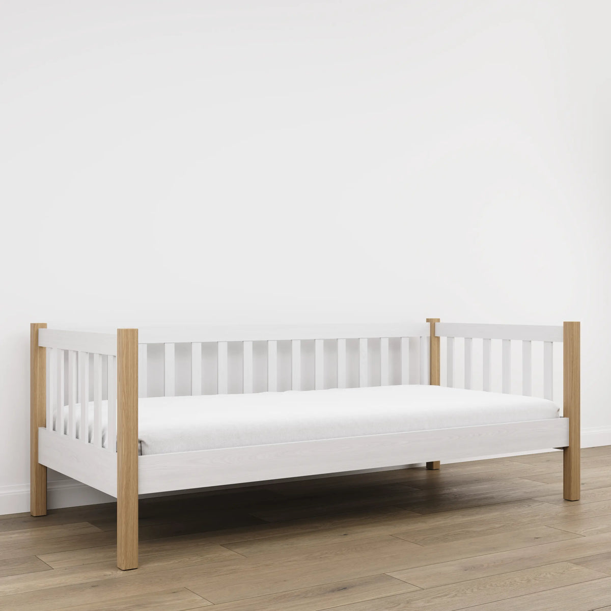 Sofa-lit blanc avec chêne – barrière latérale en bois, sécurité pour les enfants