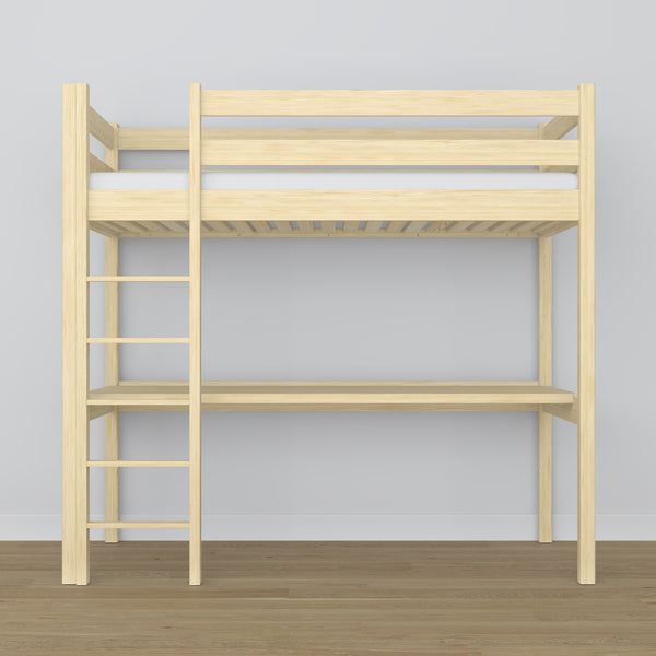 Loft bed clear pine with desk – study space under the sleeping area, wooden