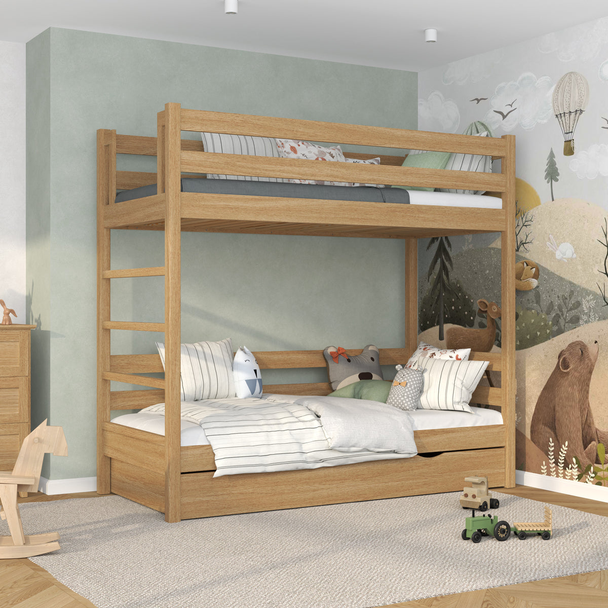 Etagenbett aus Natureiche – geöffnete Lade, geräumiges Stauraum unter dem Bett